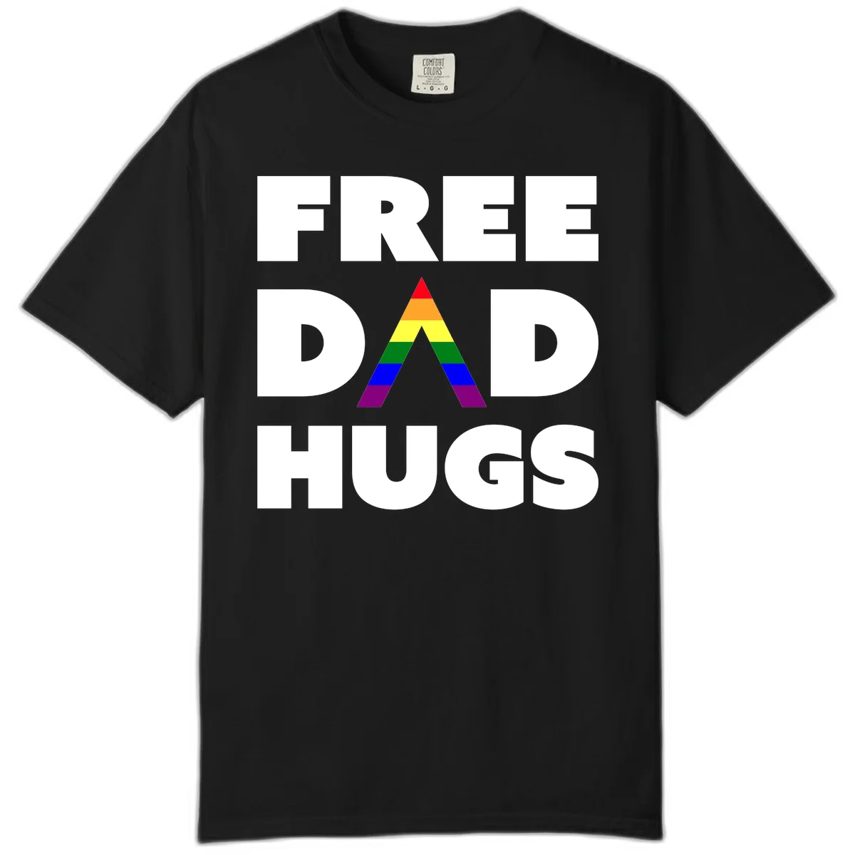 Free Dad Hugs pride design featuring a colorful rainbow triangle with red, orange, yellow, green, blue, and purple stripes in Black