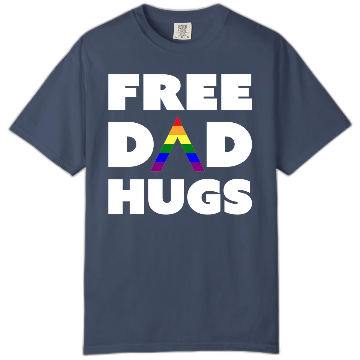 Free Dad Hugs pride design featuring a colorful rainbow triangle with red, orange, yellow, green, blue, and purple stripes in Midnight