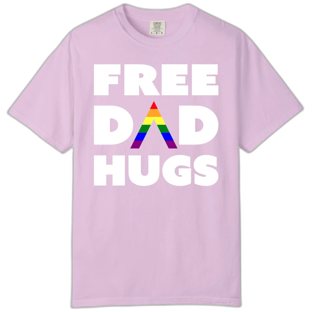 Free Dad Hugs pride design featuring a colorful rainbow triangle with red, orange, yellow, green, blue, and purple stripes in Orchid