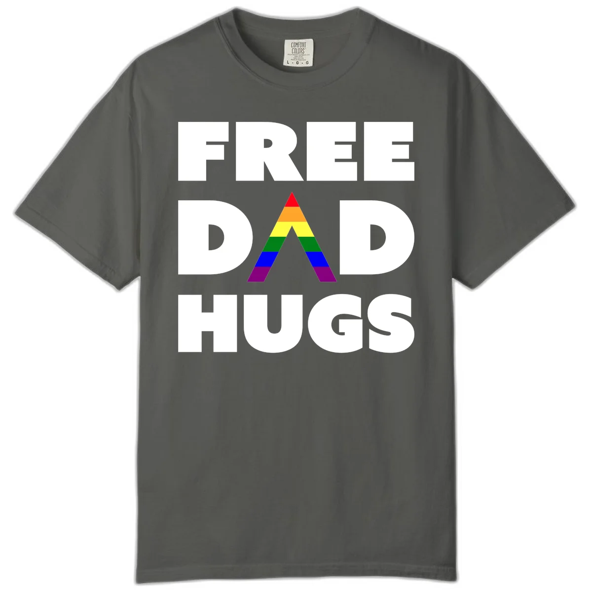 Free Dad Hugs pride design featuring a colorful rainbow triangle with red, orange, yellow, green, blue, and purple stripes in Pepper