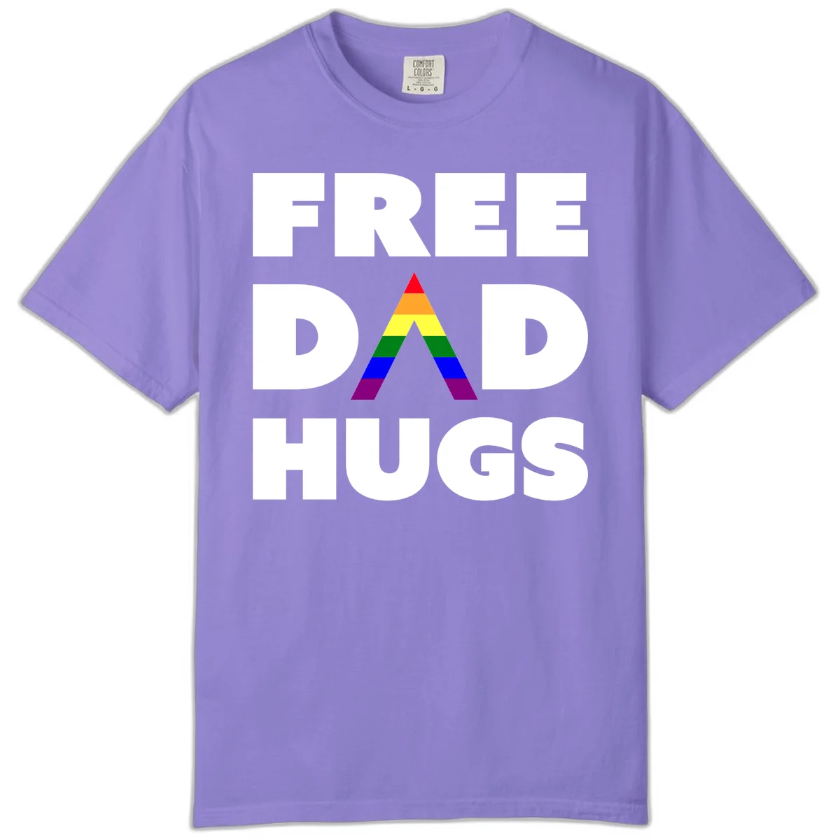 Free Dad Hugs pride design featuring a colorful rainbow triangle with red, orange, yellow, green, blue, and purple stripes in Violet