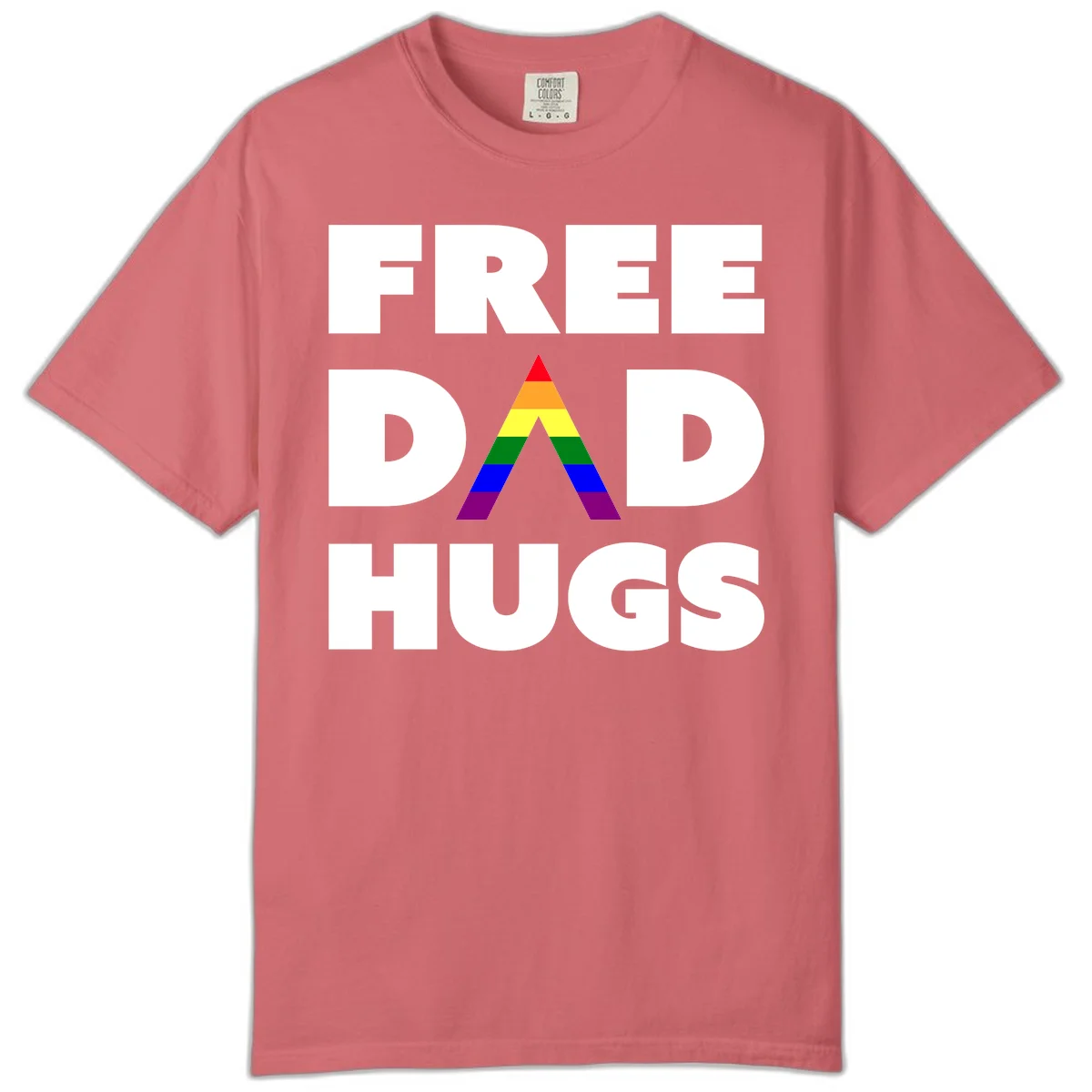 Free Dad Hugs pride design featuring a colorful rainbow triangle with red, orange, yellow, green, blue, and purple stripes in Watermelon