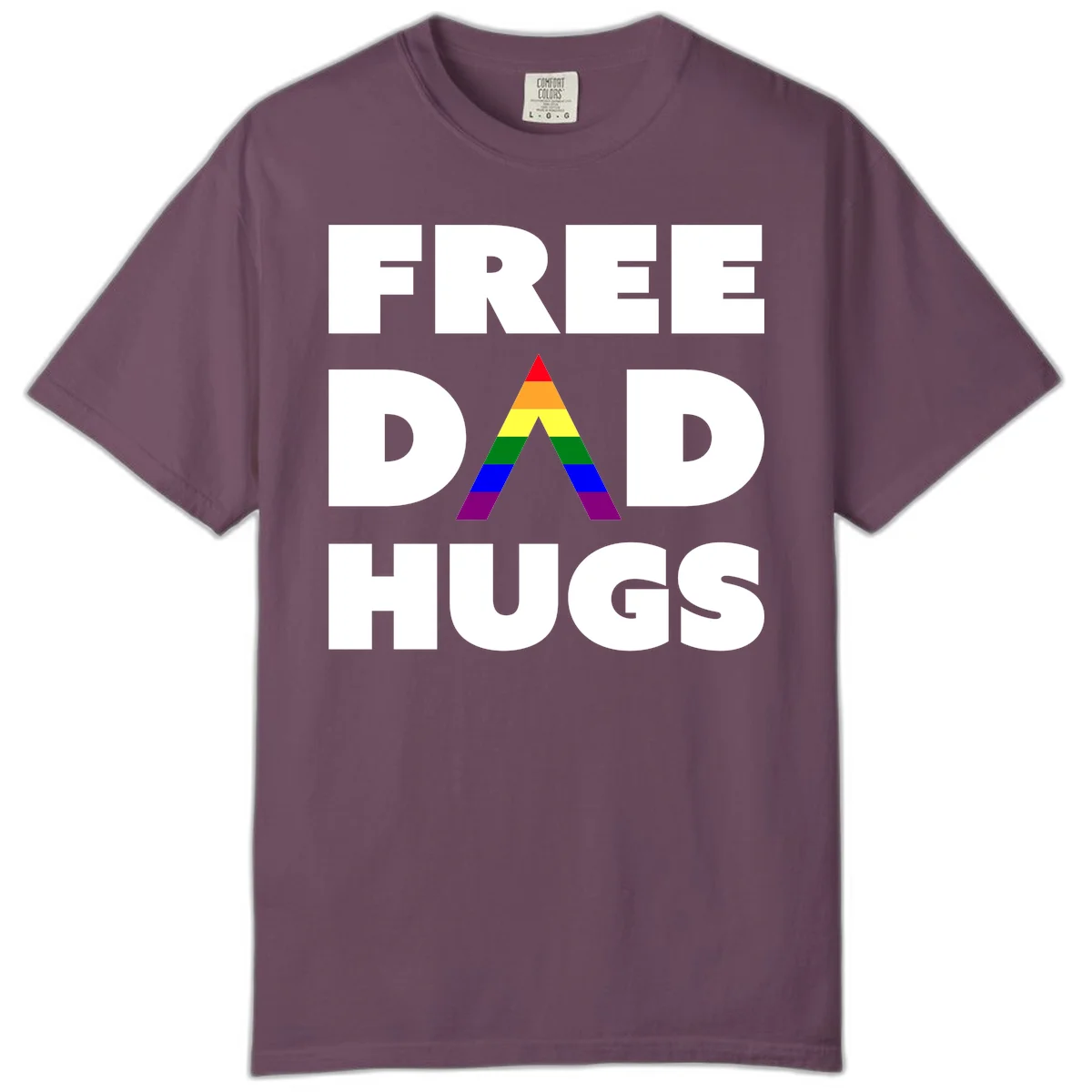 Free Dad Hugs pride design featuring a colorful rainbow triangle with red, orange, yellow, green, blue, and purple stripes in Berry
