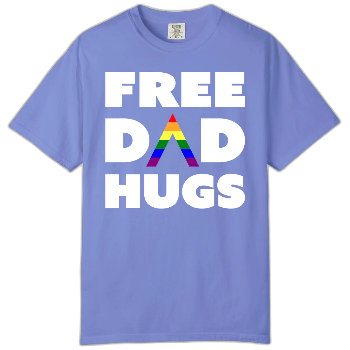 Free Dad Hugs pride design featuring a colorful rainbow triangle with red, orange, yellow, green, blue, and purple stripes in Flo Blue
