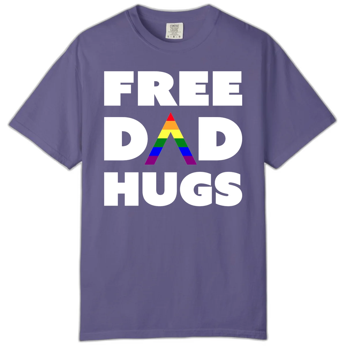 Free Dad Hugs pride design featuring a colorful rainbow triangle with red, orange, yellow, green, blue, and purple stripes in Grape