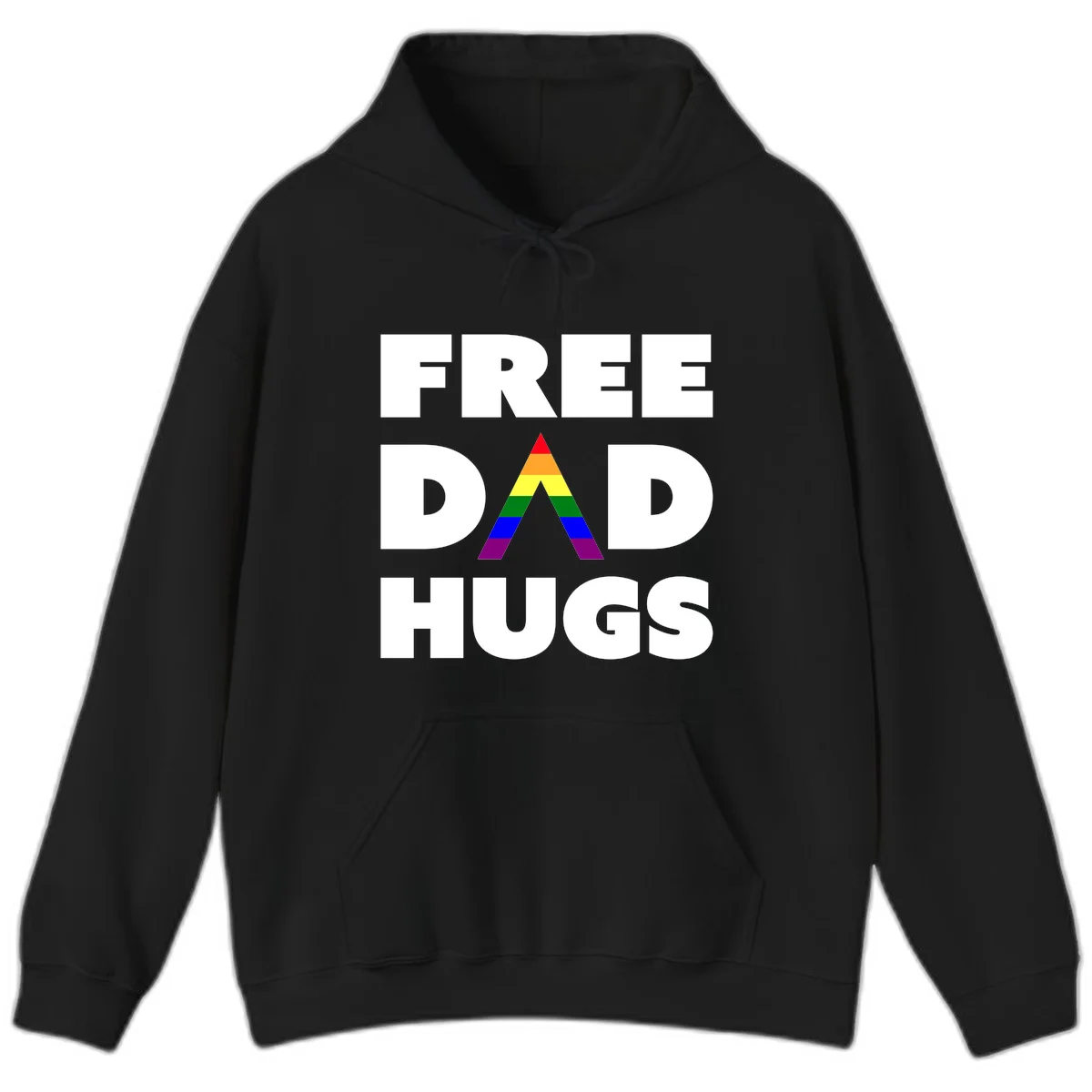 Free Dad Hugs pride design featuring a colorful rainbow triangle with red, orange, yellow, green, blue, and purple stripes in Black