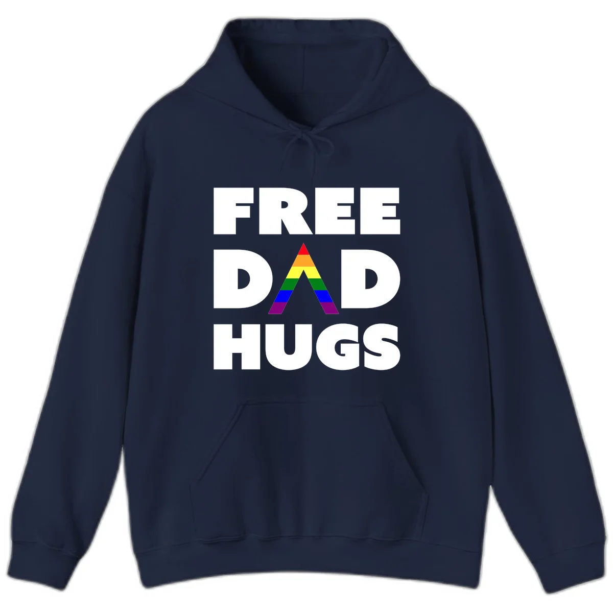 Free Dad Hugs pride design featuring a colorful rainbow triangle with red, orange, yellow, green, blue, and purple stripes in Navy