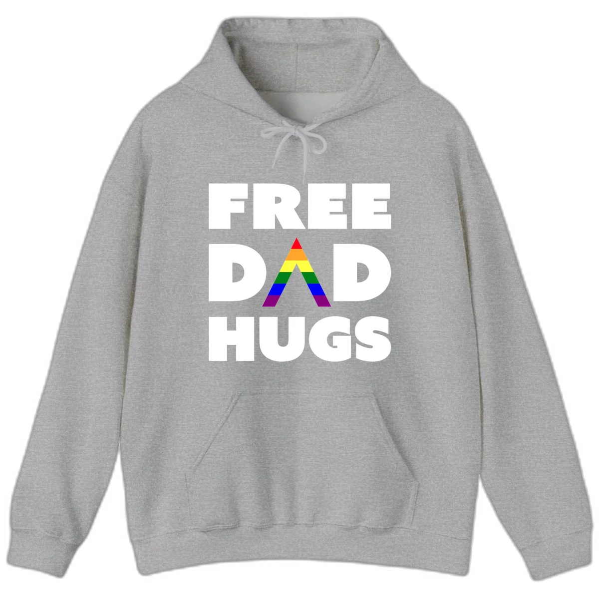 Free Dad Hugs pride design featuring a colorful rainbow triangle with red, orange, yellow, green, blue, and purple stripes in Sport Grey