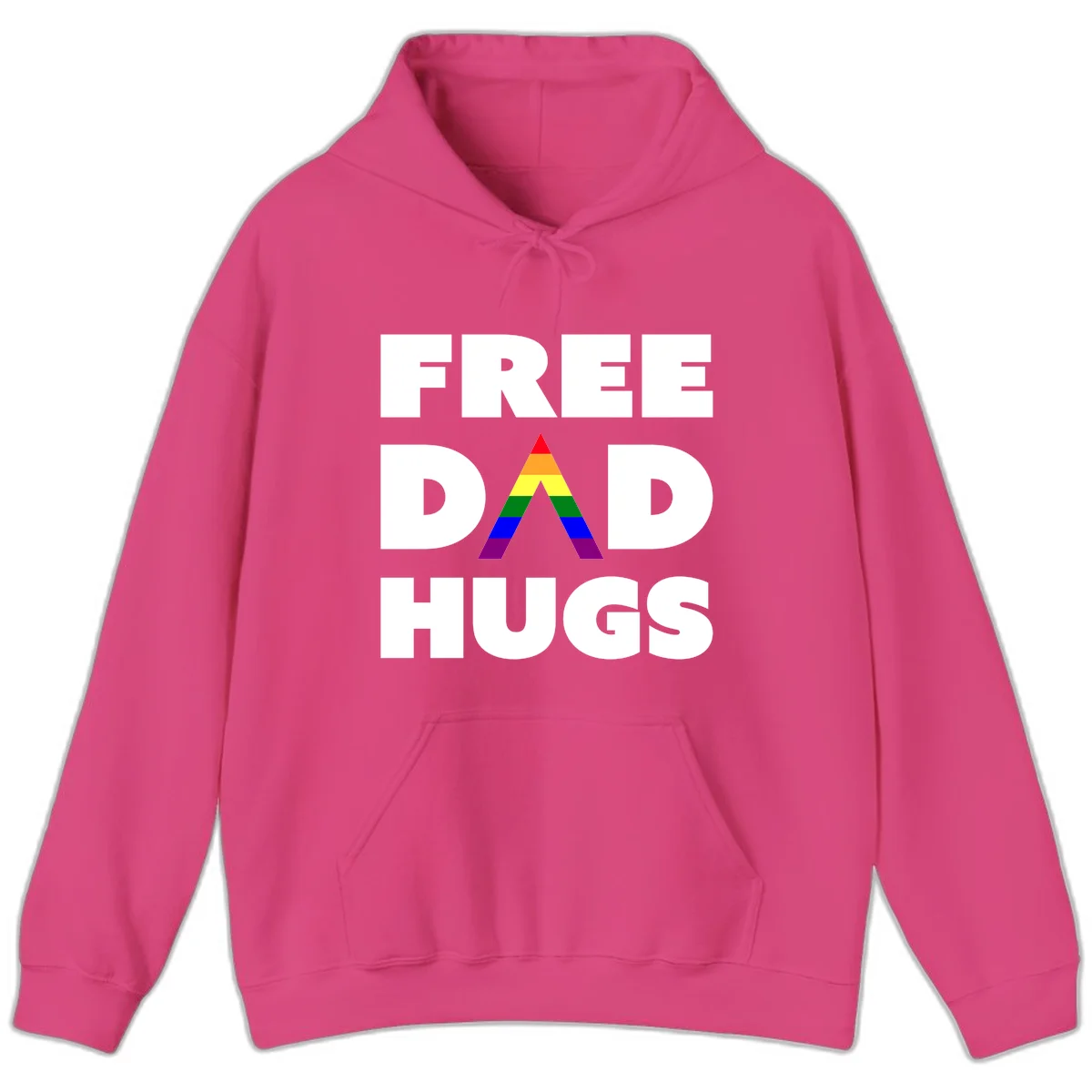 Free Dad Hugs pride design featuring a colorful rainbow triangle with red, orange, yellow, green, blue, and purple stripes in Heliconia