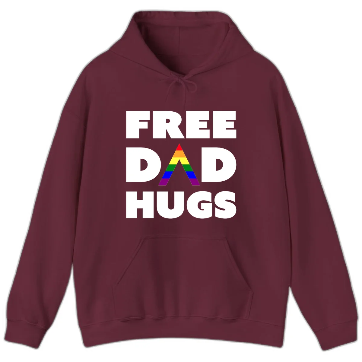 Free Dad Hugs pride design featuring a colorful rainbow triangle with red, orange, yellow, green, blue, and purple stripes in Maroon