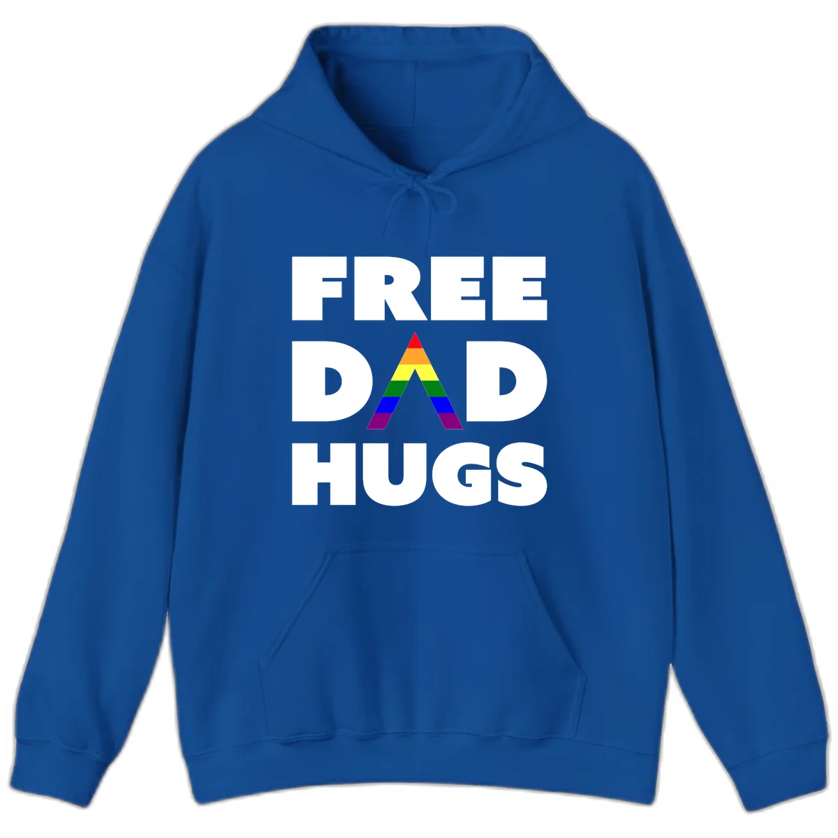 Free Dad Hugs pride design featuring a colorful rainbow triangle with red, orange, yellow, green, blue, and purple stripes in Royal