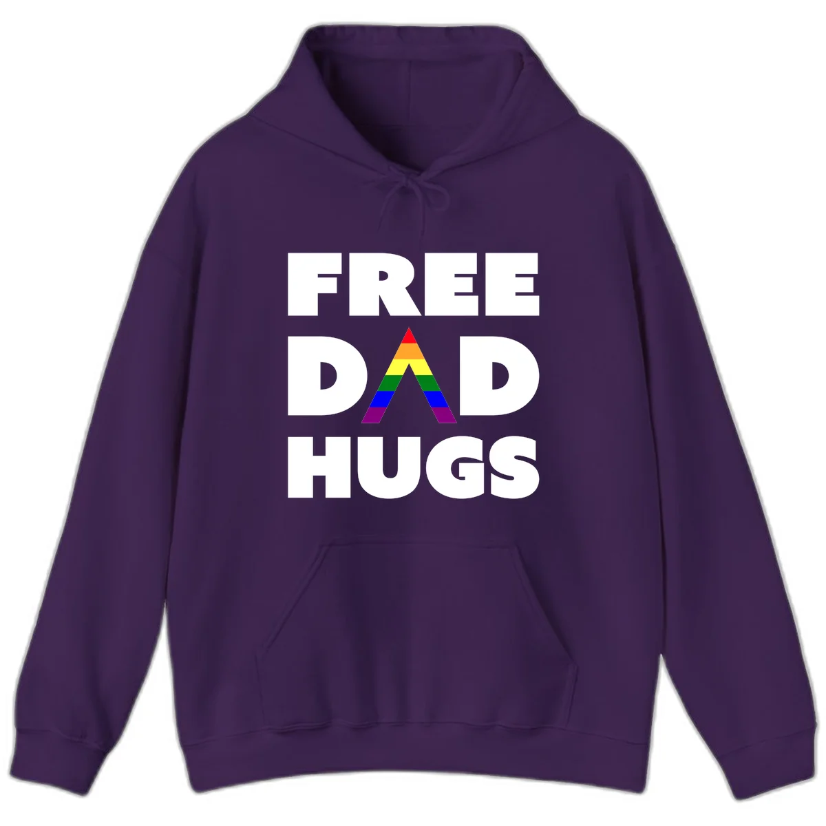 Free Dad Hugs pride design featuring a colorful rainbow triangle with red, orange, yellow, green, blue, and purple stripes in Purple