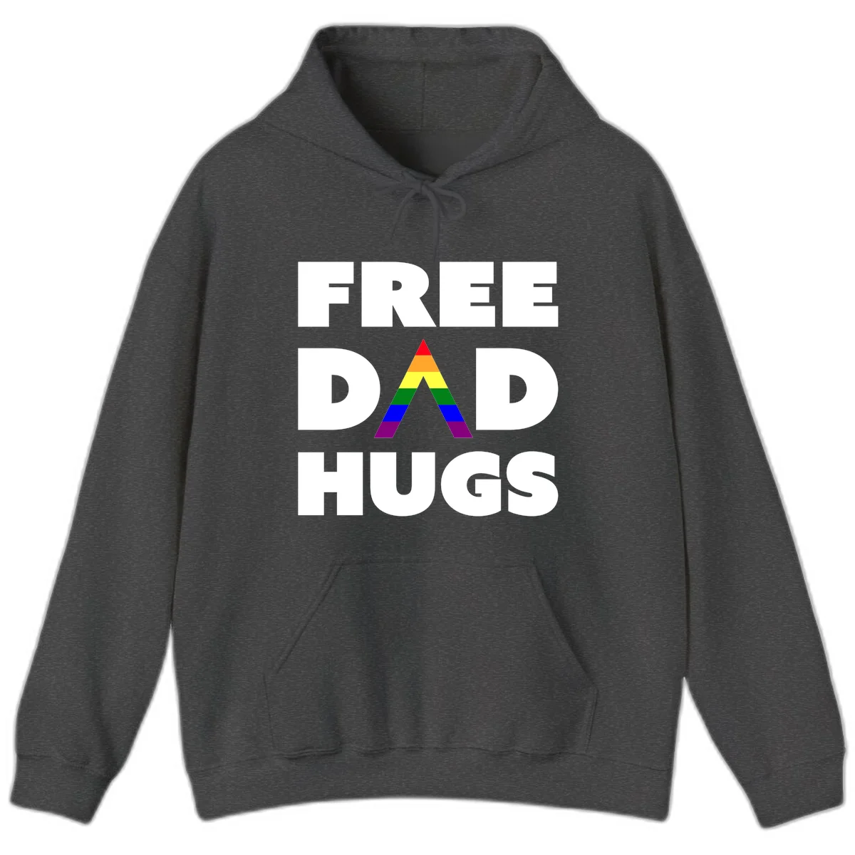 Free Dad Hugs pride design featuring a colorful rainbow triangle with red, orange, yellow, green, blue, and purple stripes in Dark Heather