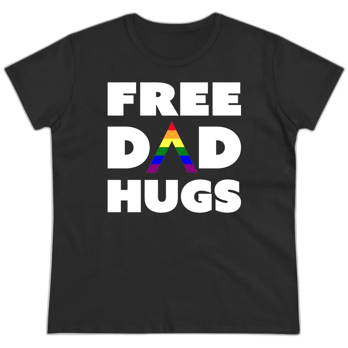 Free Dad Hugs pride design featuring a colorful rainbow triangle with red, orange, yellow, green, blue, and purple stripes in Black