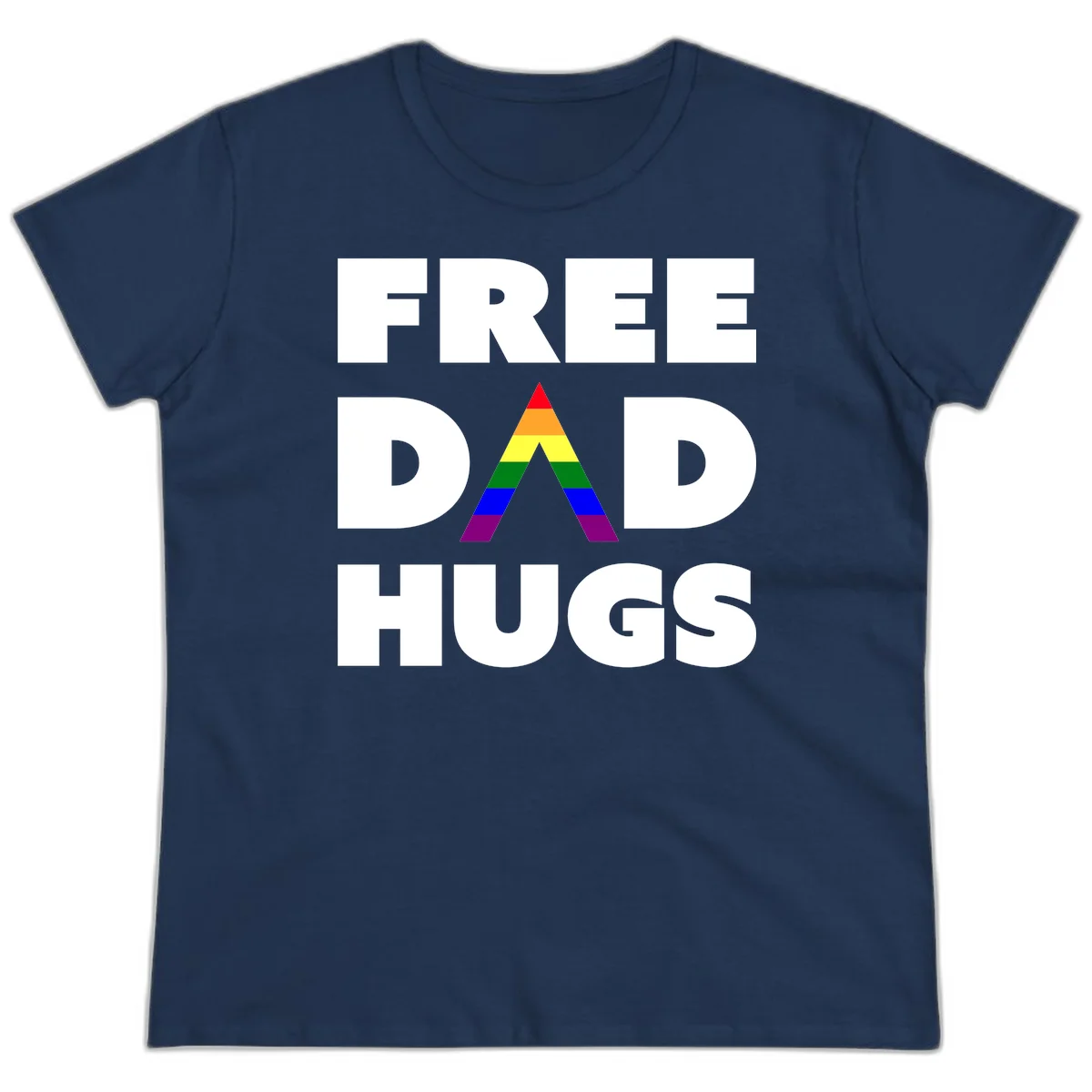 Free Dad Hugs pride design featuring a colorful rainbow triangle with red, orange, yellow, green, blue, and purple stripes in Navy