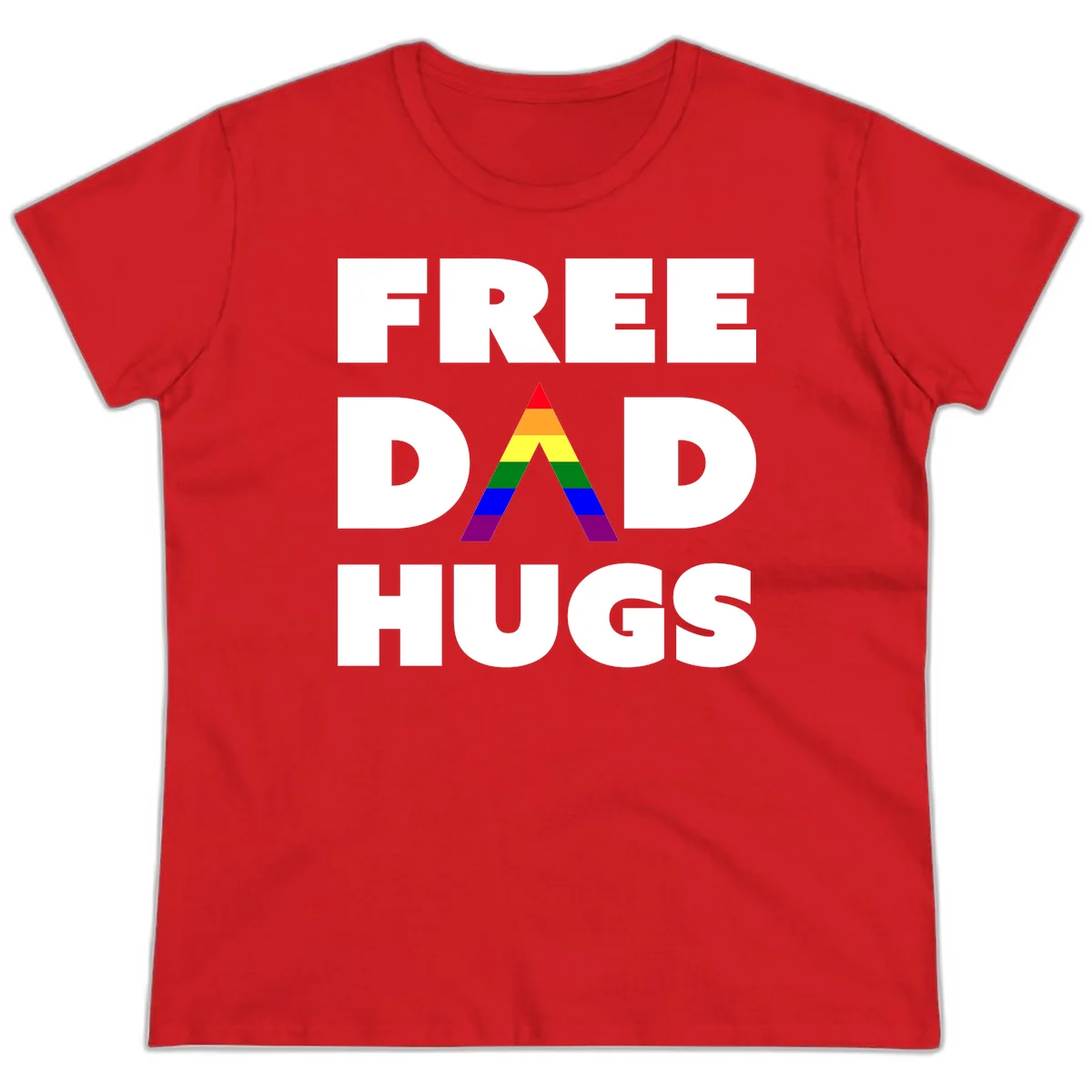 Free Dad Hugs pride design featuring a colorful rainbow triangle with red, orange, yellow, green, blue, and purple stripes in Red