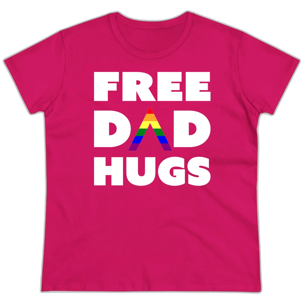Free Dad Hugs pride design featuring a colorful rainbow triangle with red, orange, yellow, green, blue, and purple stripes in Heliconia