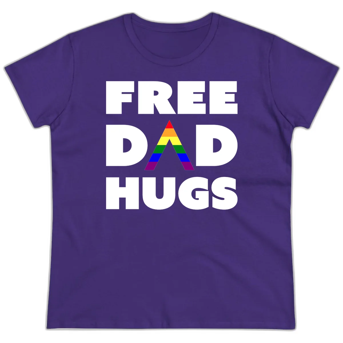 Free Dad Hugs pride design featuring a colorful rainbow triangle with red, orange, yellow, green, blue, and purple stripes in Purple