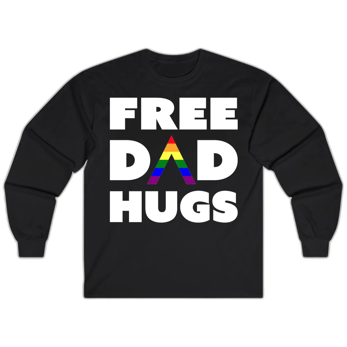 Free Dad Hugs pride design featuring a colorful rainbow triangle with red, orange, yellow, green, blue, and purple stripes in Black