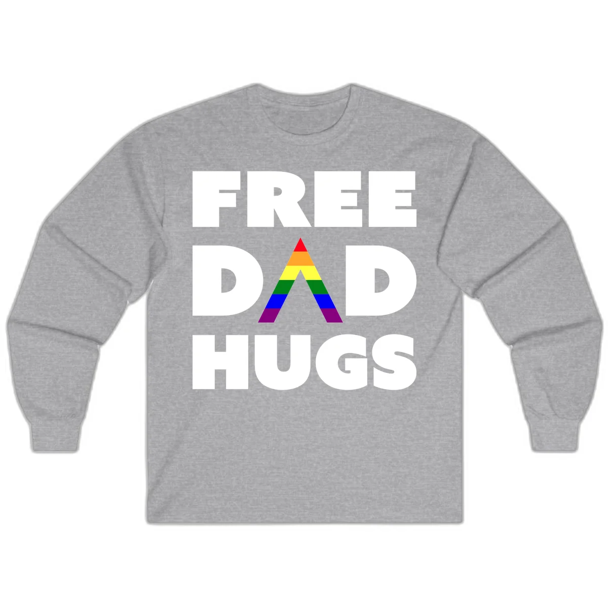 Free Dad Hugs pride design featuring a colorful rainbow triangle with red, orange, yellow, green, blue, and purple stripes in Sport Grey