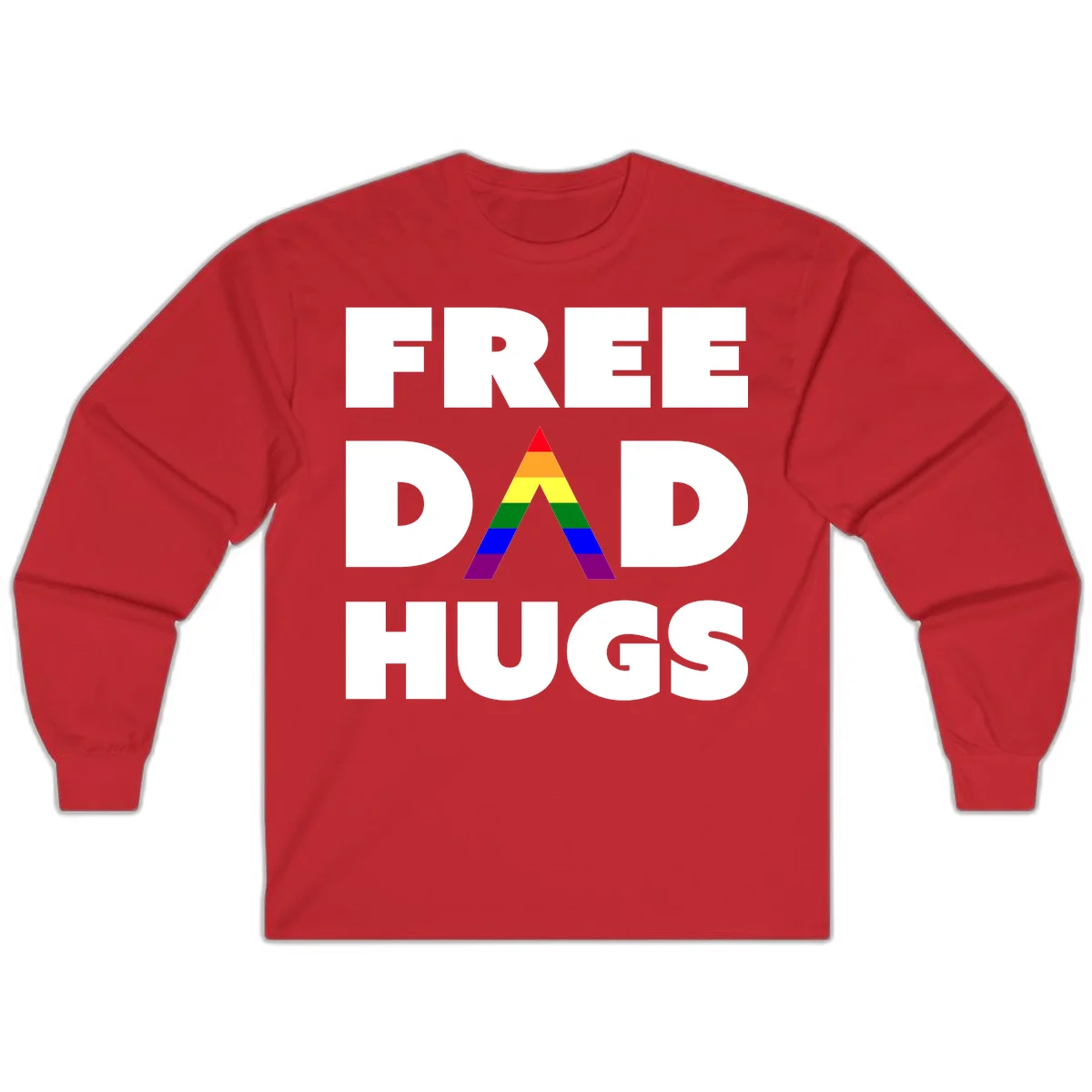 Free Dad Hugs pride design featuring a colorful rainbow triangle with red, orange, yellow, green, blue, and purple stripes in Red