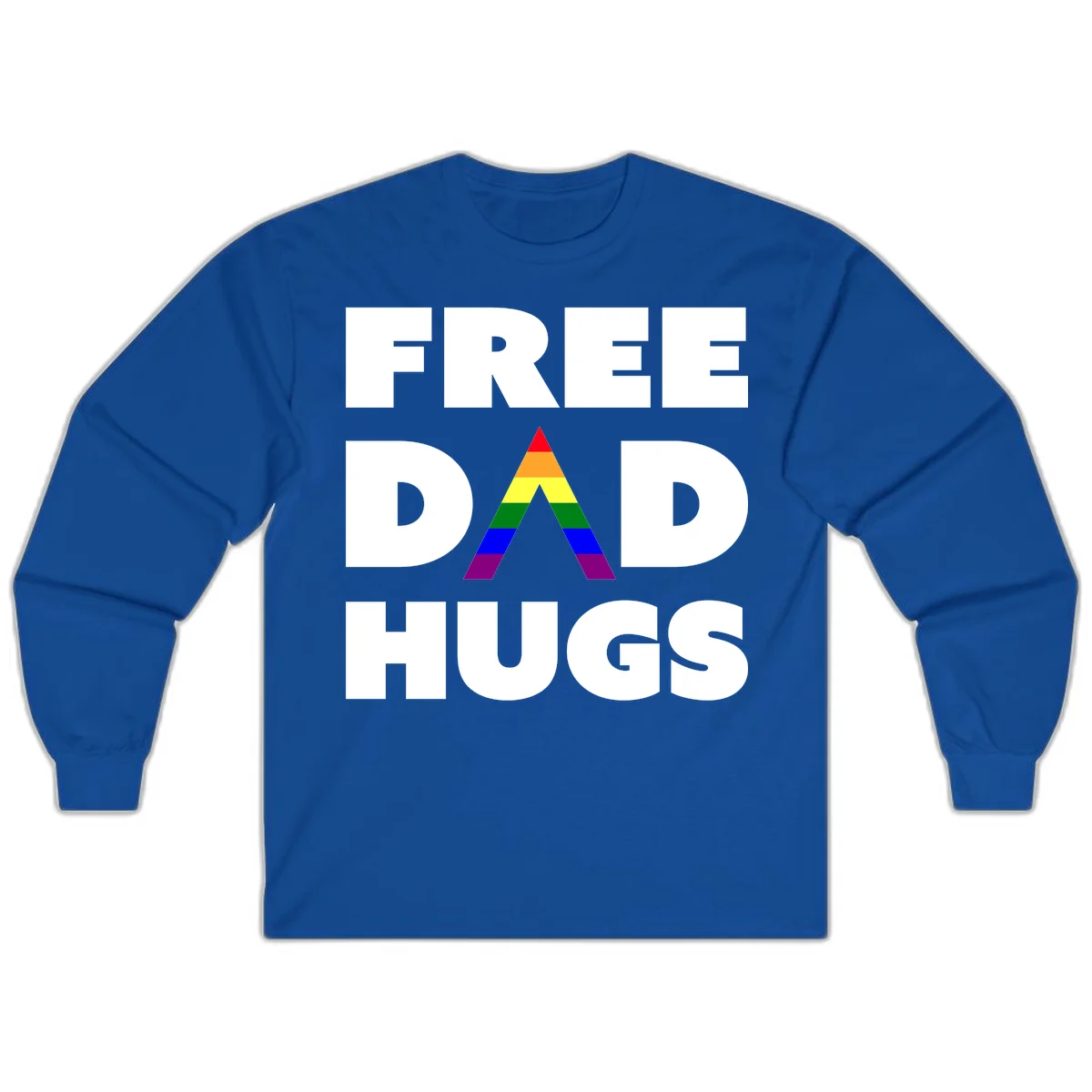 Free Dad Hugs pride design featuring a colorful rainbow triangle with red, orange, yellow, green, blue, and purple stripes in Royal