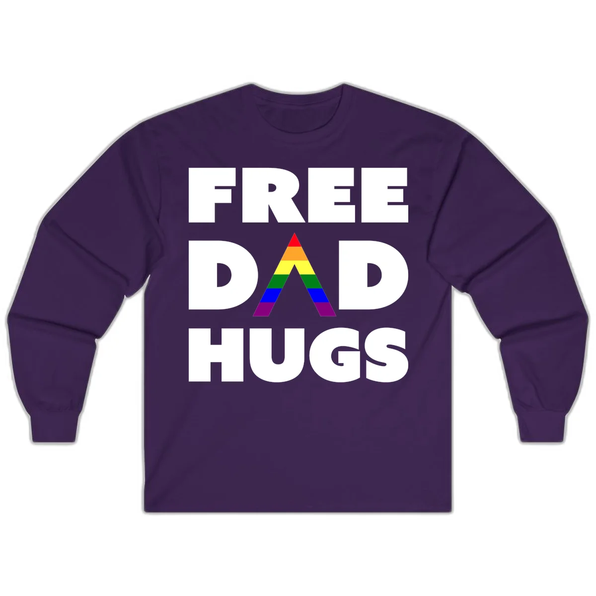 Free Dad Hugs pride design featuring a colorful rainbow triangle with red, orange, yellow, green, blue, and purple stripes in Purple
