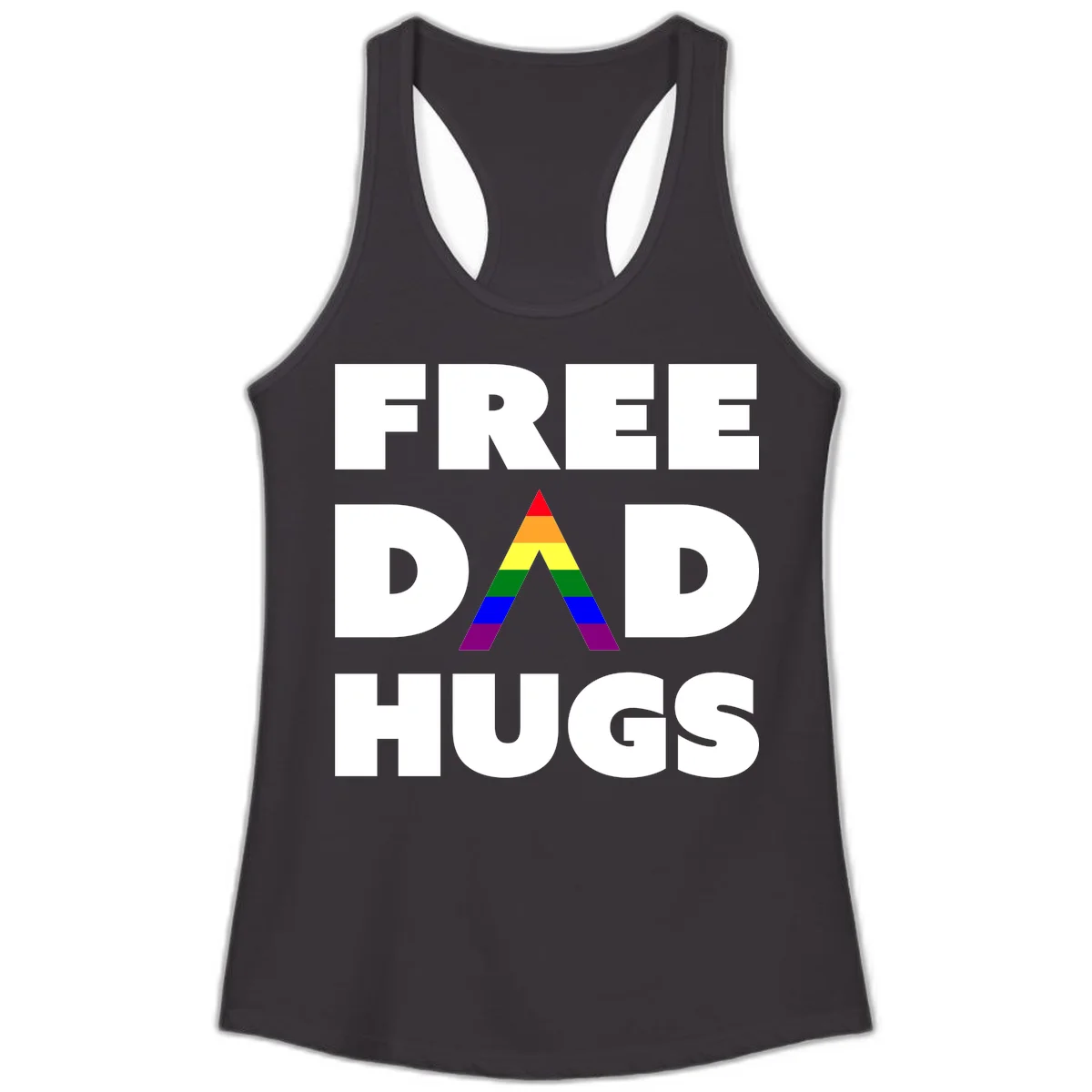 Free Dad Hugs pride design featuring a colorful rainbow triangle with red, orange, yellow, green, blue, and purple stripes in Black