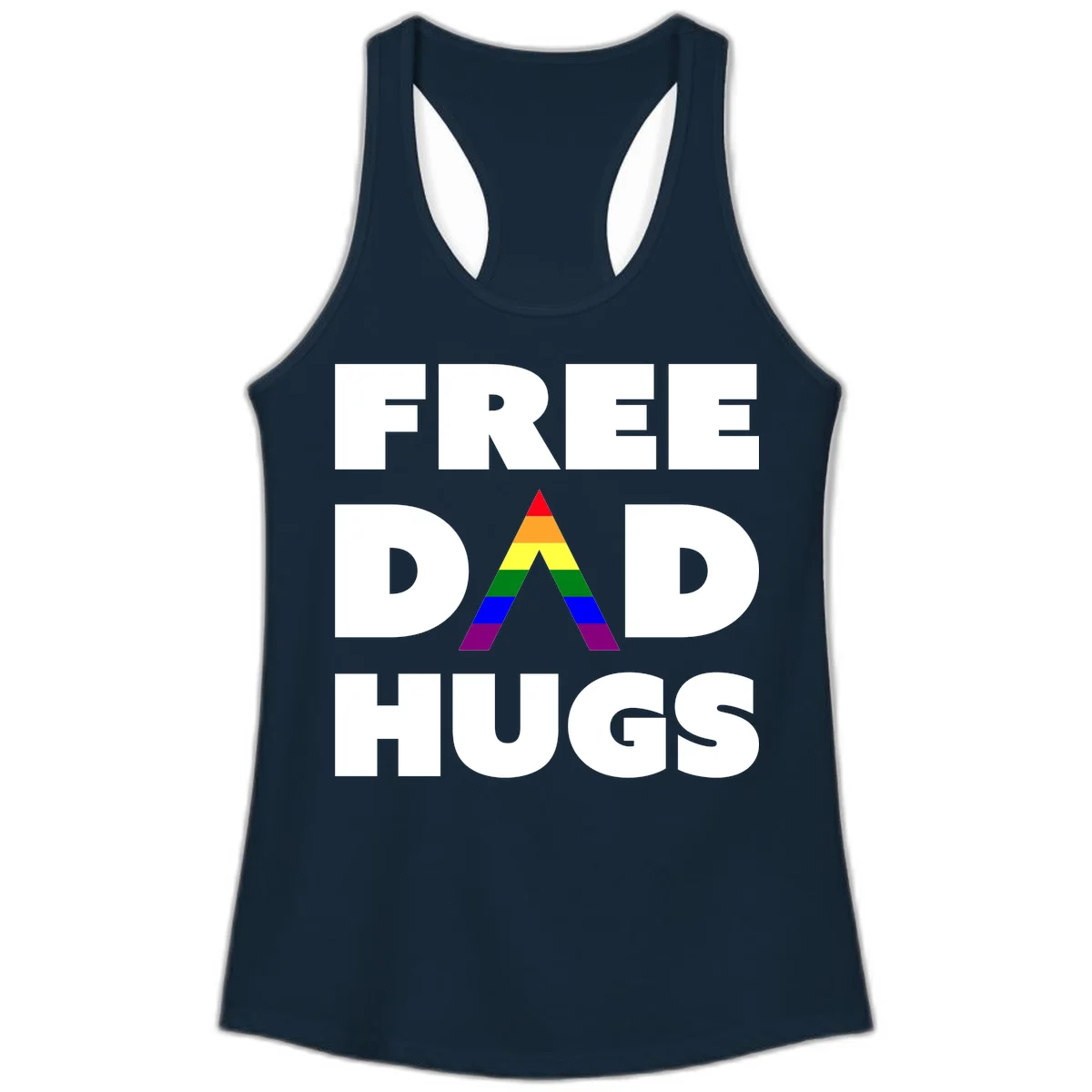 Free Dad Hugs pride design featuring a colorful rainbow triangle with red, orange, yellow, green, blue, and purple stripes in Solid Midnight Navy