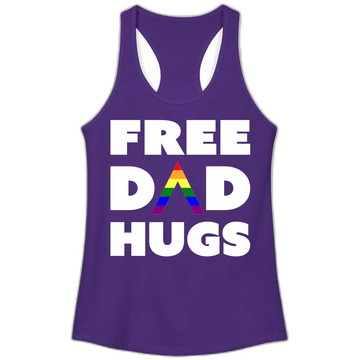 Free Dad Hugs pride design featuring a colorful rainbow triangle with red, orange, yellow, green, blue, and purple stripes in Solid Purple Rush