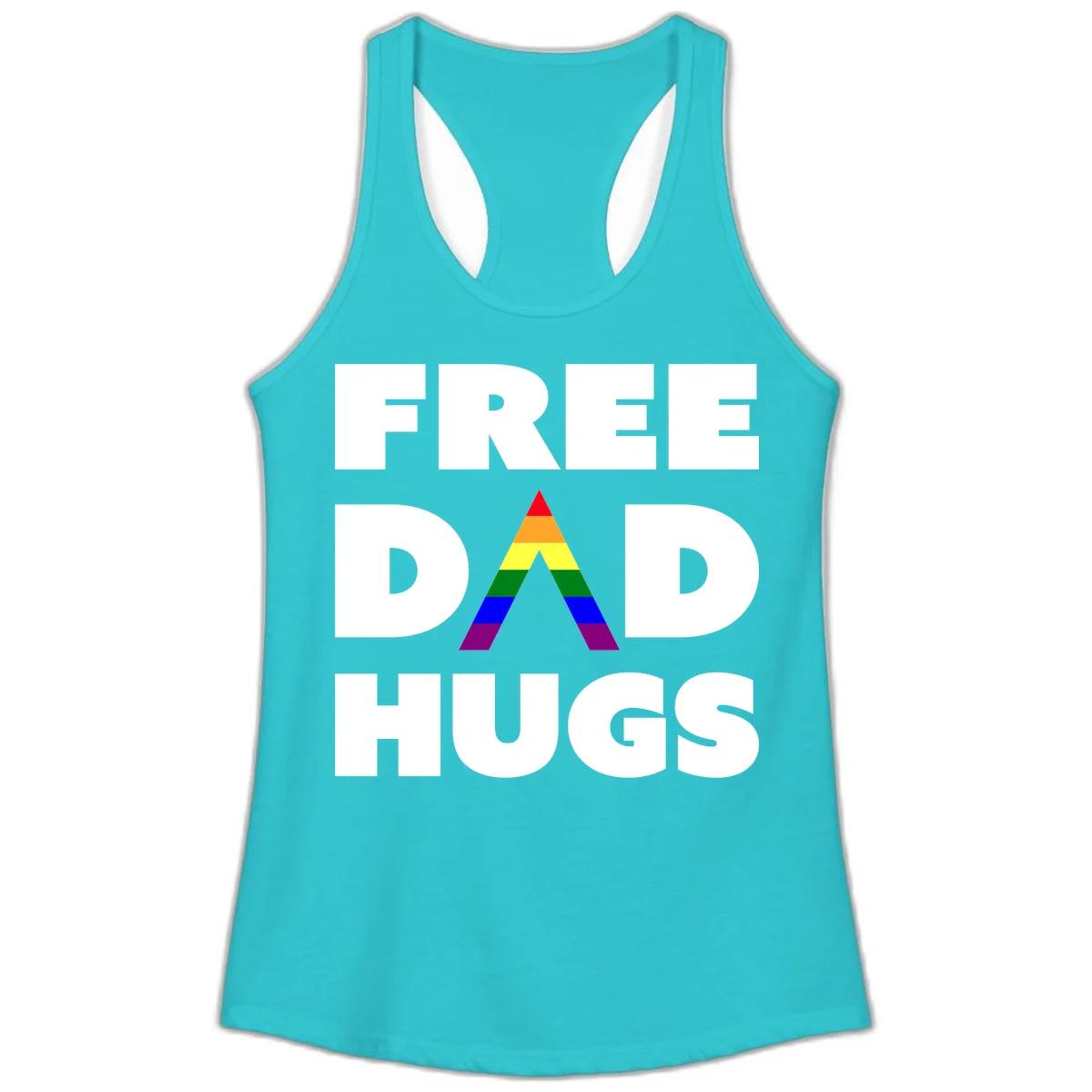 Free Dad Hugs pride design featuring a colorful rainbow triangle with red, orange, yellow, green, blue, and purple stripes in Solid Tahiti Blue