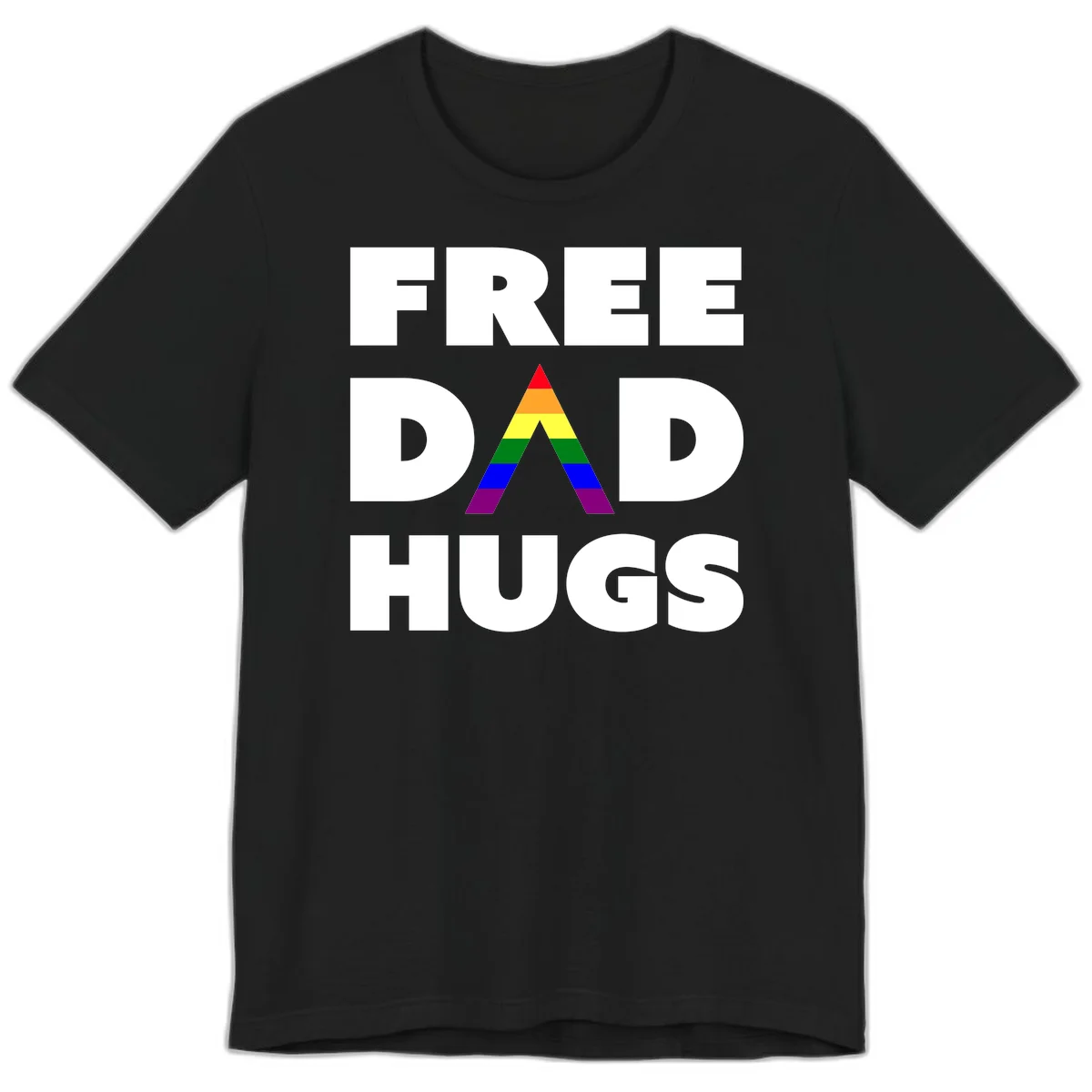 Free Dad Hugs pride design featuring a colorful rainbow triangle with red, orange, yellow, green, blue, and purple stripes in Black