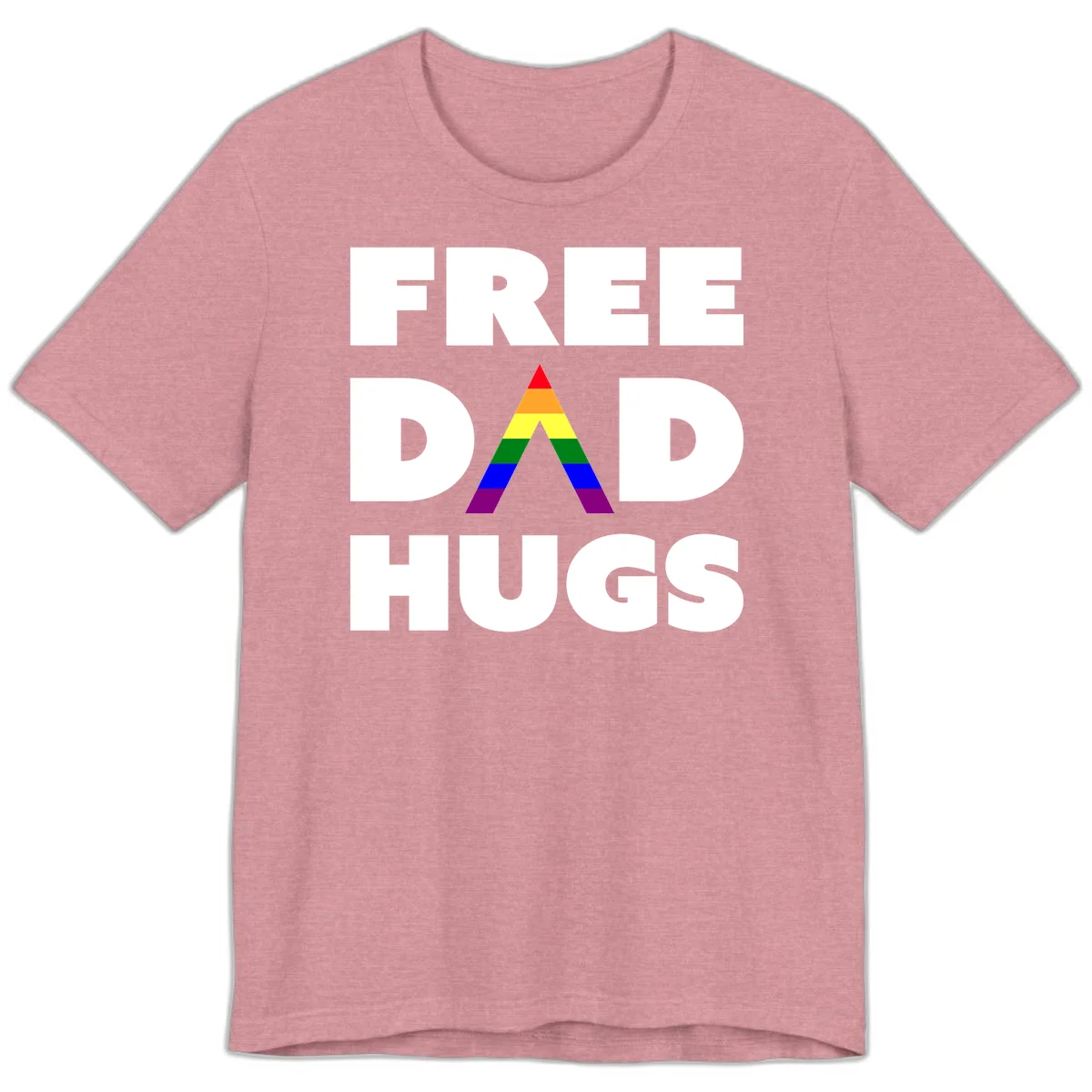 Free Dad Hugs pride design featuring a colorful rainbow triangle with red, orange, yellow, green, blue, and purple stripes in Heather Orchid