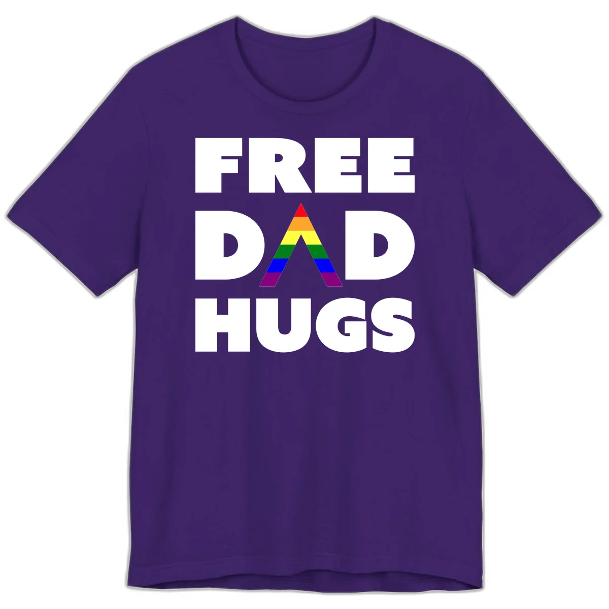 Free Dad Hugs pride design featuring a colorful rainbow triangle with red, orange, yellow, green, blue, and purple stripes in Team Purple