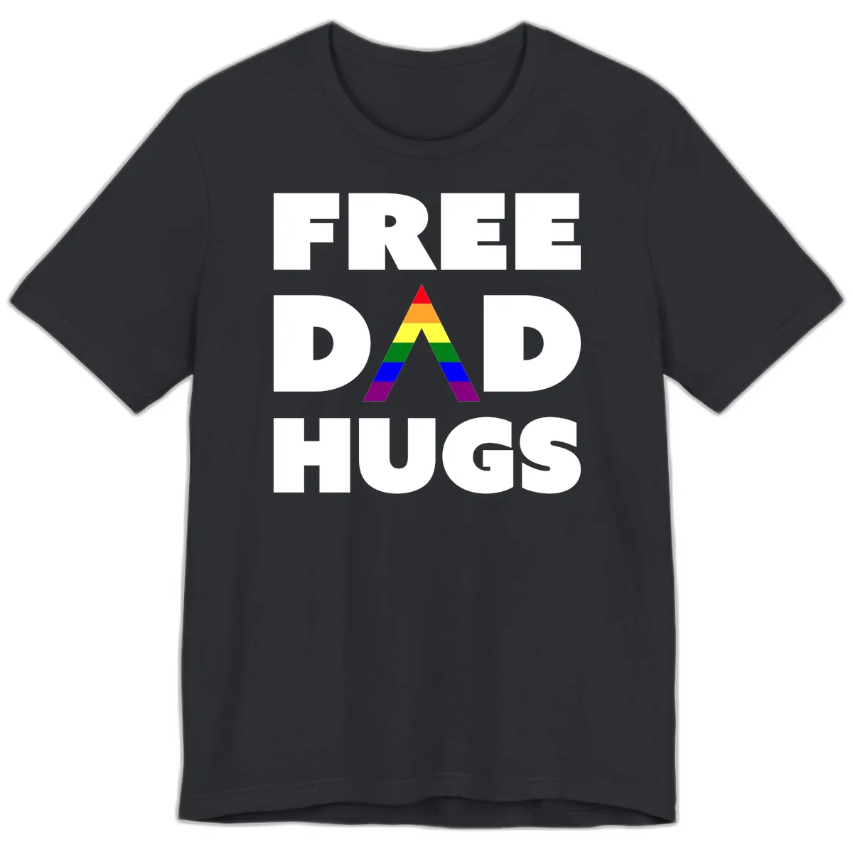 Free Dad Hugs pride design featuring a colorful rainbow triangle with red, orange, yellow, green, blue, and purple stripes in Vintage Black