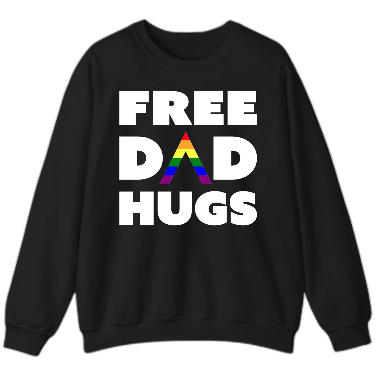 Free Dad Hugs pride design featuring a colorful rainbow triangle with red, orange, yellow, green, blue, and purple stripes in Black