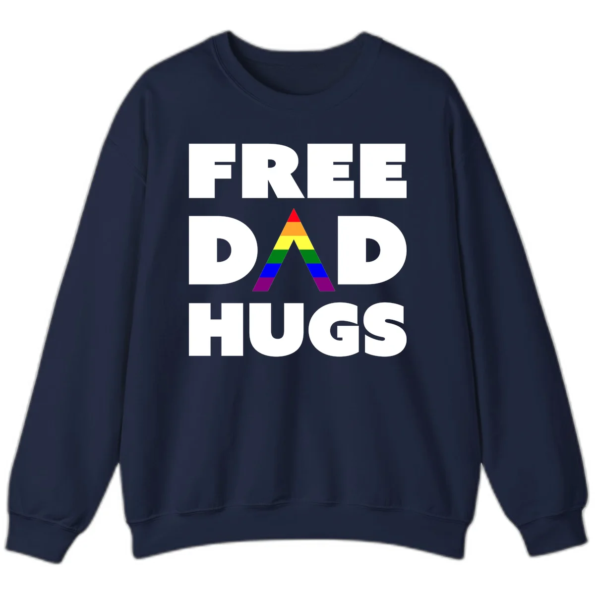 Free Dad Hugs pride design featuring a colorful rainbow triangle with red, orange, yellow, green, blue, and purple stripes in Navy