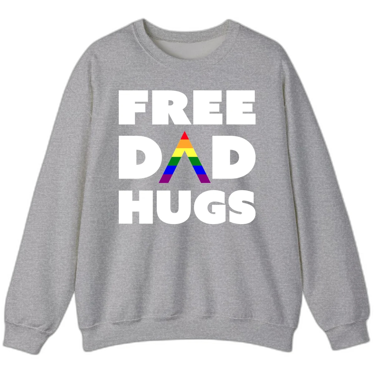 Free Dad Hugs pride design featuring a colorful rainbow triangle with red, orange, yellow, green, blue, and purple stripes in Sport Grey