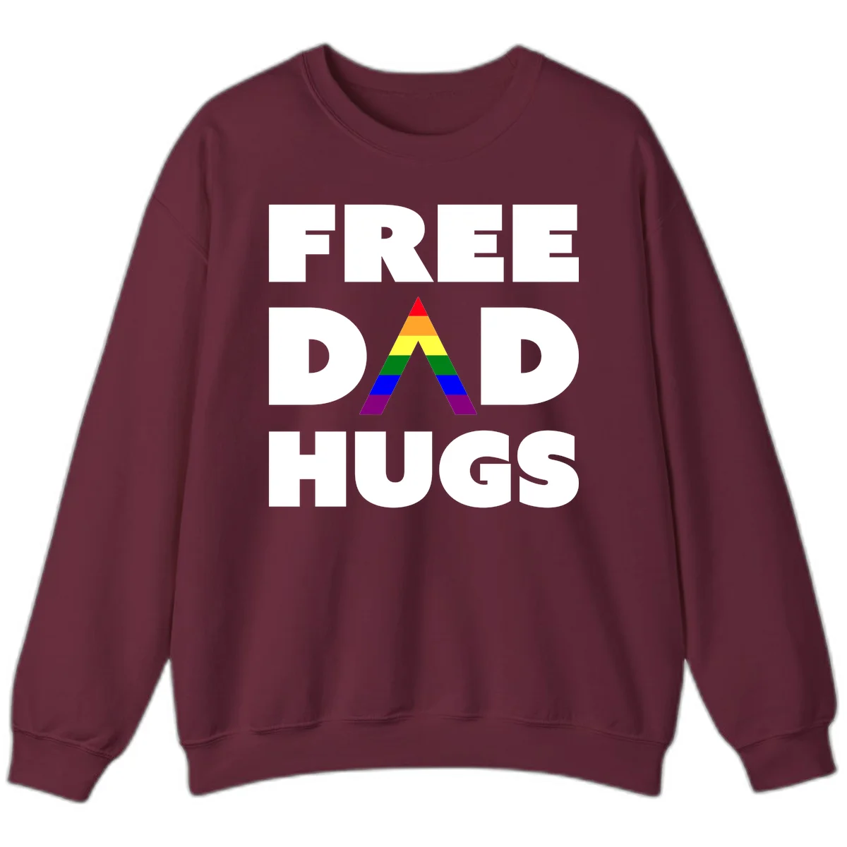 Free Dad Hugs pride design featuring a colorful rainbow triangle with red, orange, yellow, green, blue, and purple stripes in Maroon