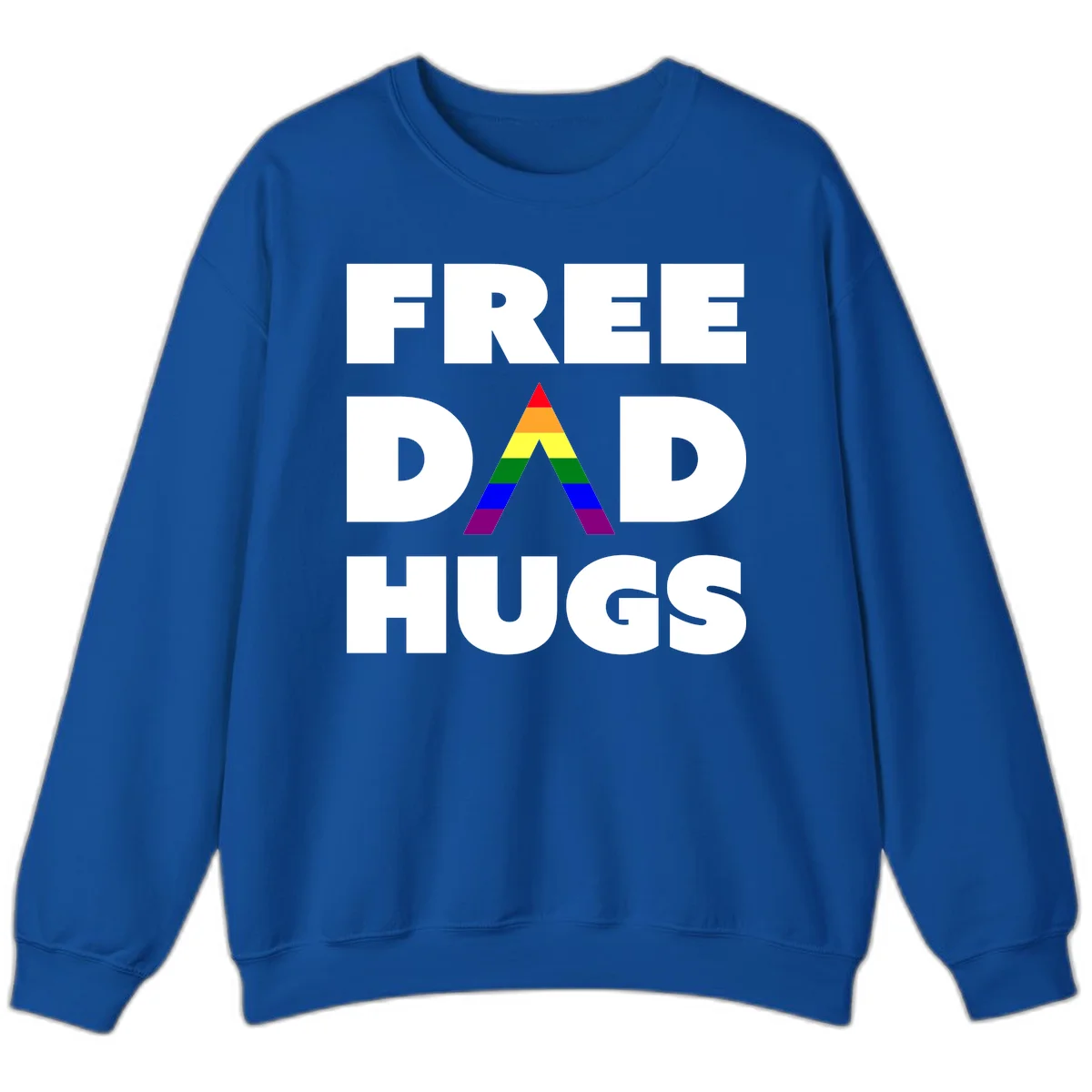 Free Dad Hugs pride design featuring a colorful rainbow triangle with red, orange, yellow, green, blue, and purple stripes in Royal