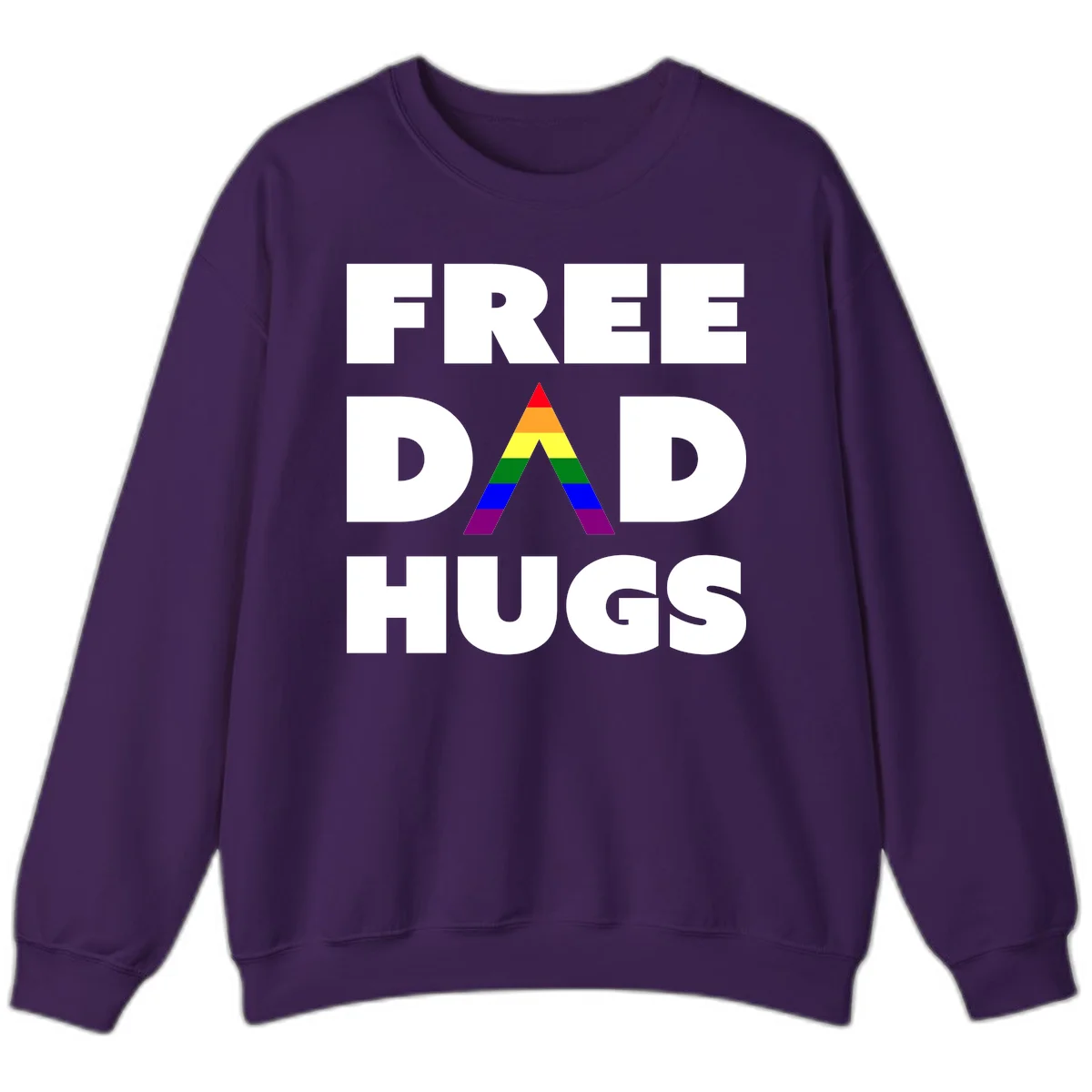 Free Dad Hugs pride design featuring a colorful rainbow triangle with red, orange, yellow, green, blue, and purple stripes in Purple