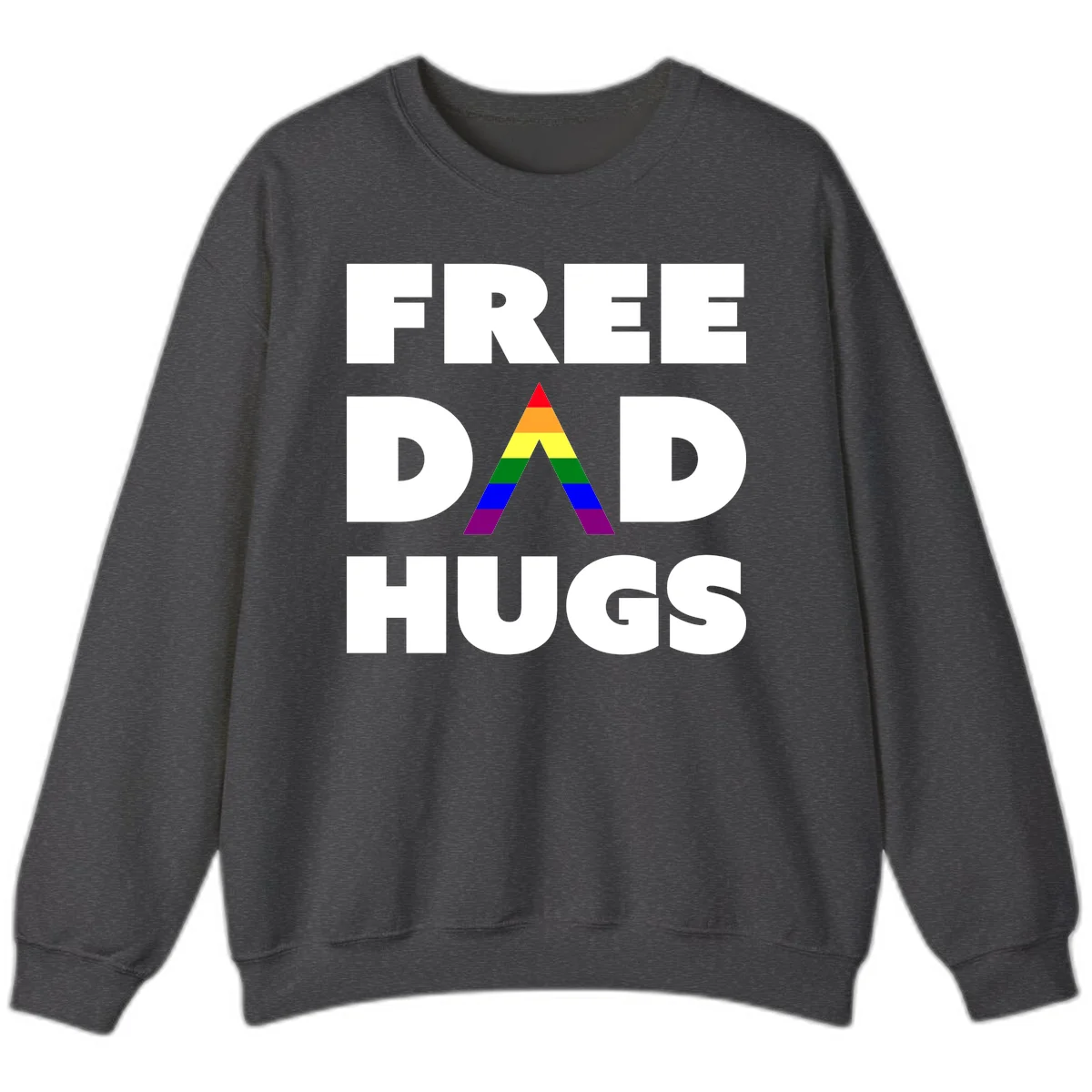 Free Dad Hugs pride design featuring a colorful rainbow triangle with red, orange, yellow, green, blue, and purple stripes in Dark Heather