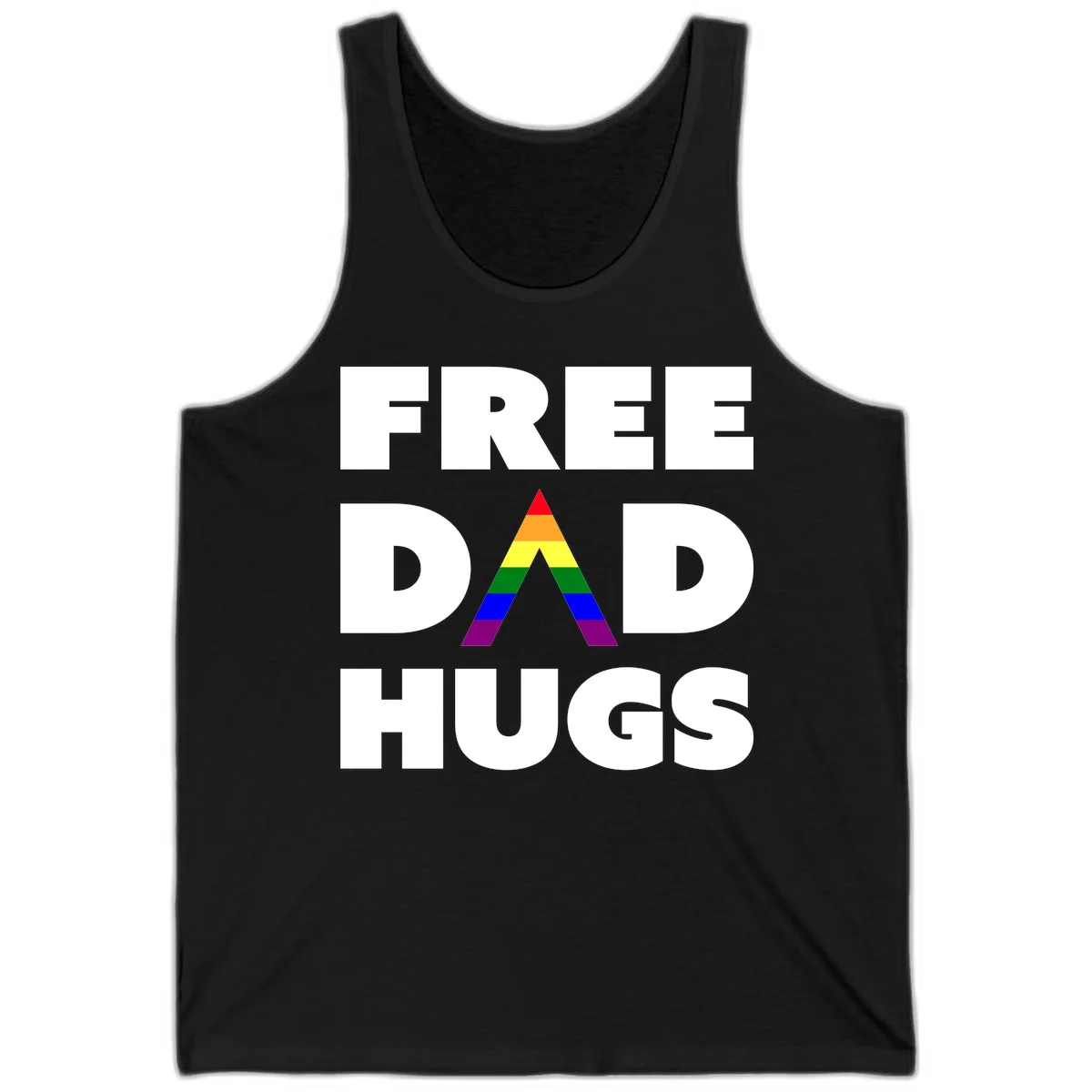 Free Dad Hugs pride design featuring a colorful rainbow triangle with red, orange, yellow, green, blue, and purple stripes in Black