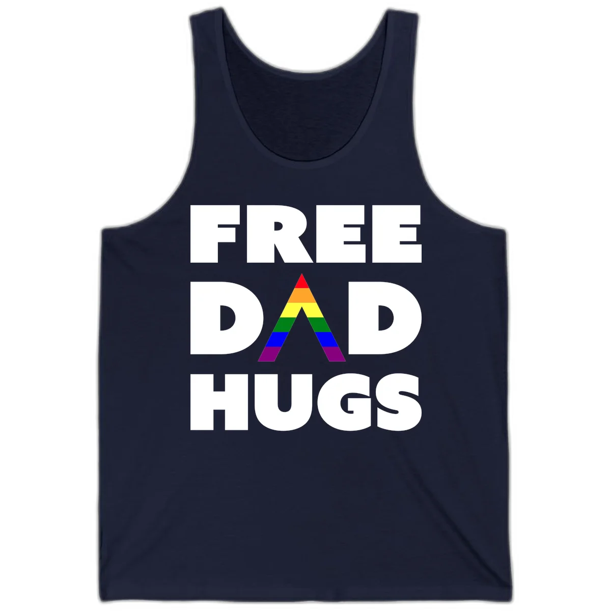 Free Dad Hugs pride design featuring a colorful rainbow triangle with red, orange, yellow, green, blue, and purple stripes in Navy