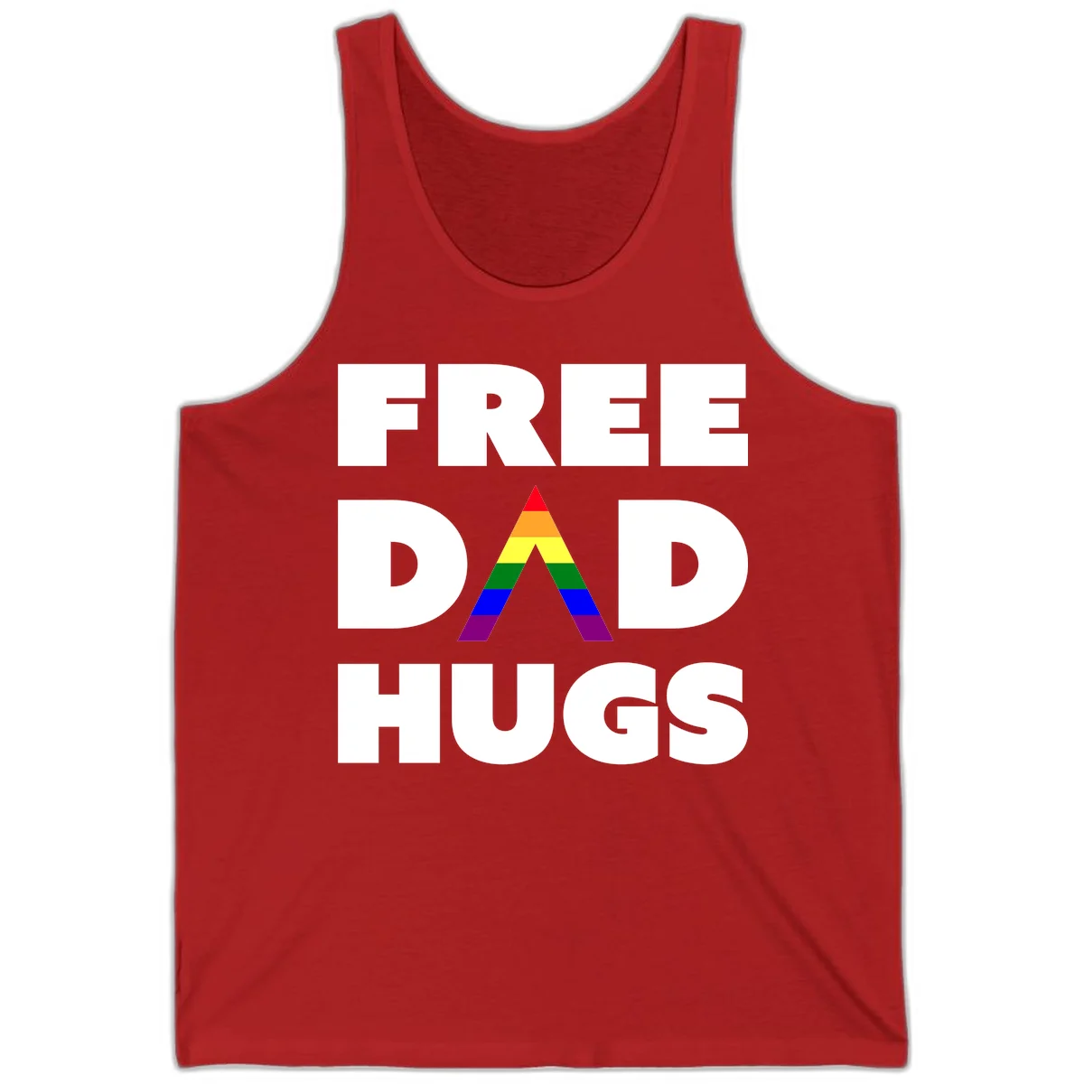 Free Dad Hugs pride design featuring a colorful rainbow triangle with red, orange, yellow, green, blue, and purple stripes in Red