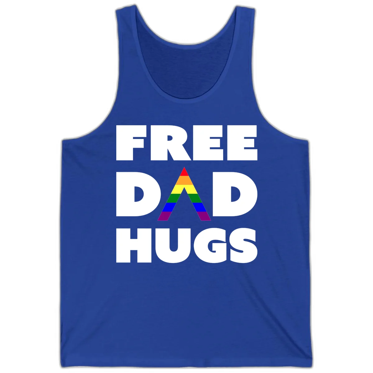 Free Dad Hugs pride design featuring a colorful rainbow triangle with red, orange, yellow, green, blue, and purple stripes in True Royal