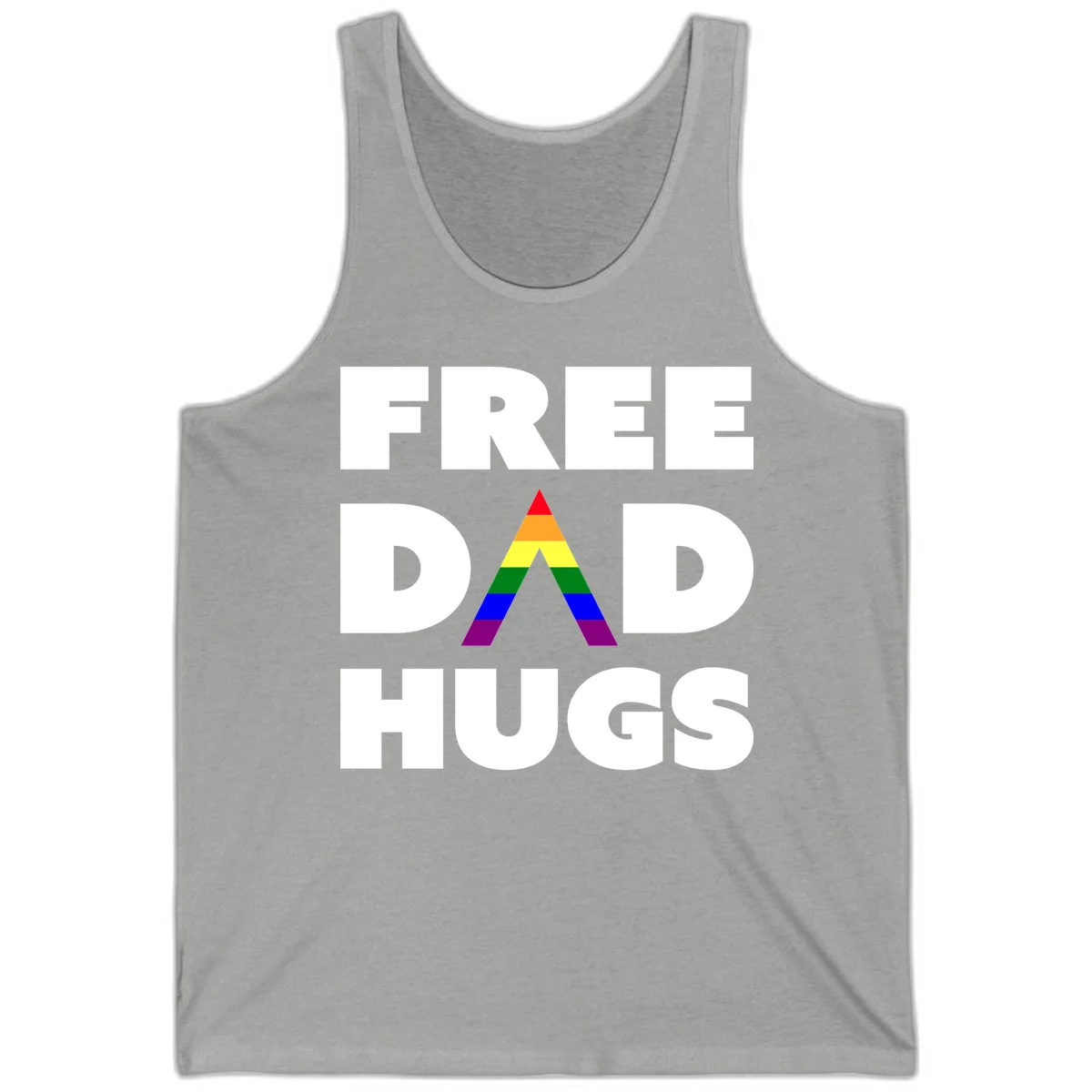 Free Dad Hugs pride design featuring a colorful rainbow triangle with red, orange, yellow, green, blue, and purple stripes in Athletic Heather