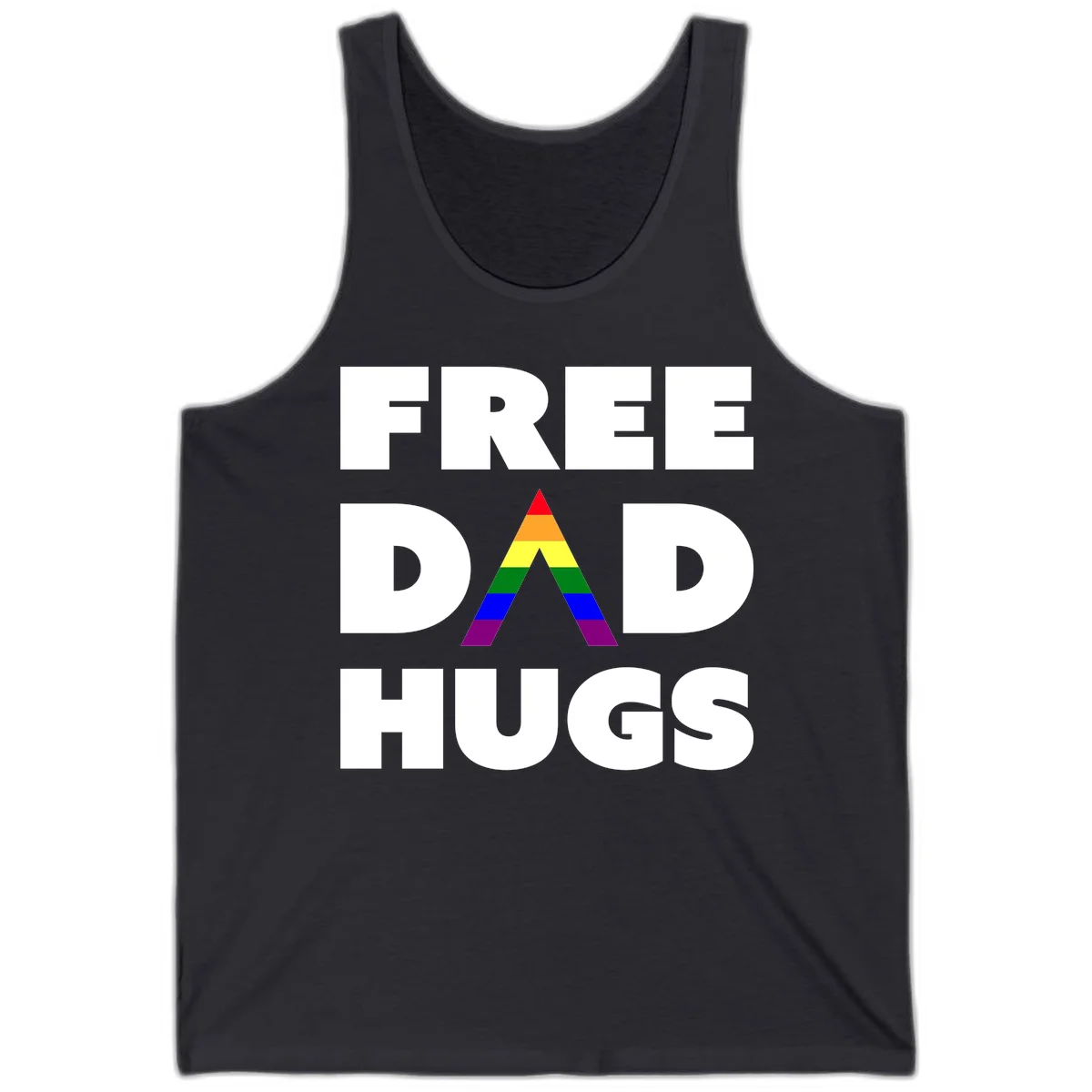 Free Dad Hugs pride design featuring a colorful rainbow triangle with red, orange, yellow, green, blue, and purple stripes in Dark Grey