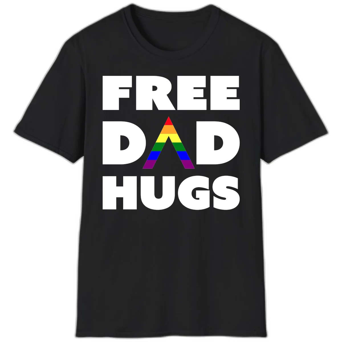 Free Dad Hugs pride design featuring a colorful rainbow triangle with red, orange, yellow, green, blue, and purple stripes in Black