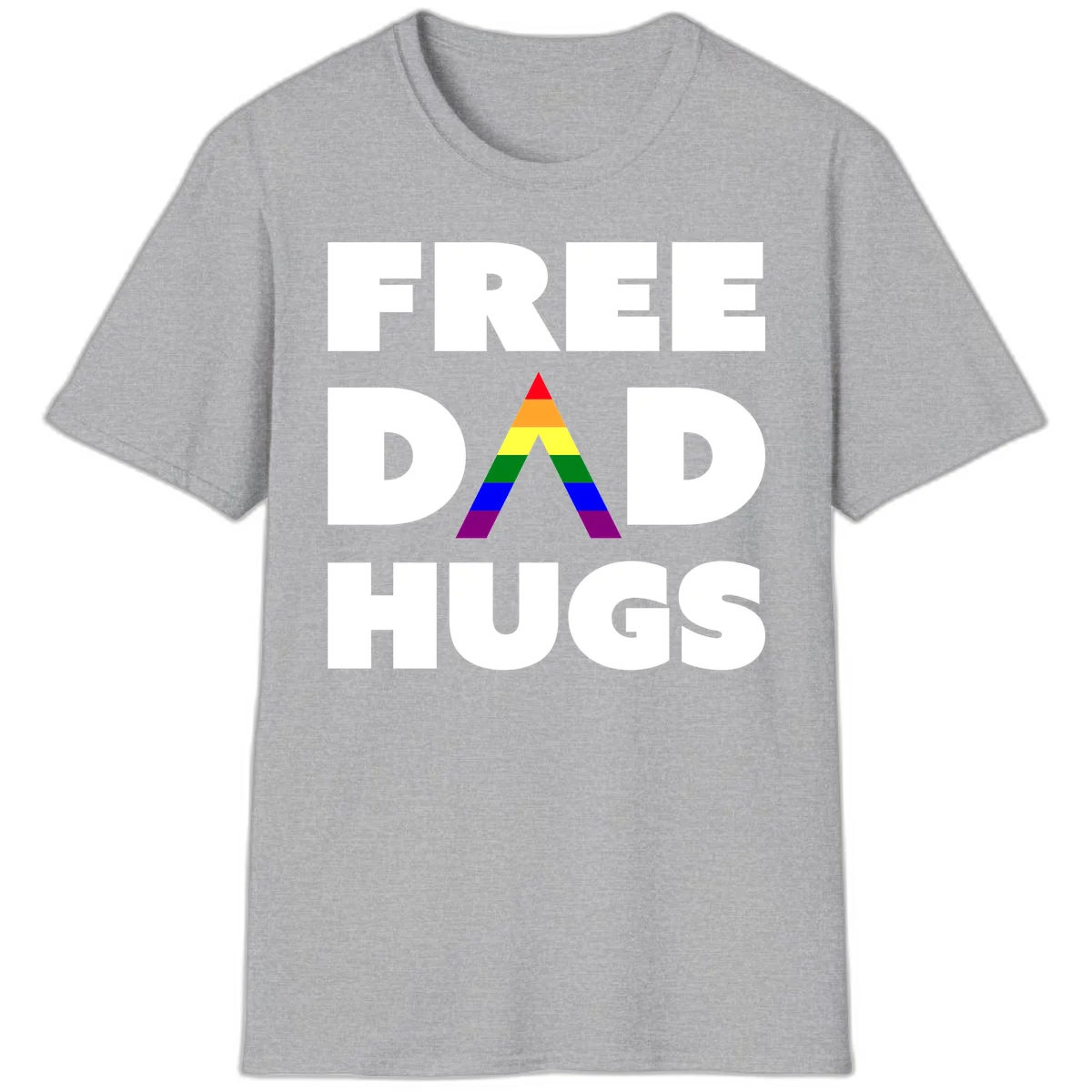 Free Dad Hugs pride design featuring a colorful rainbow triangle with red, orange, yellow, green, blue, and purple stripes in Sport Grey
